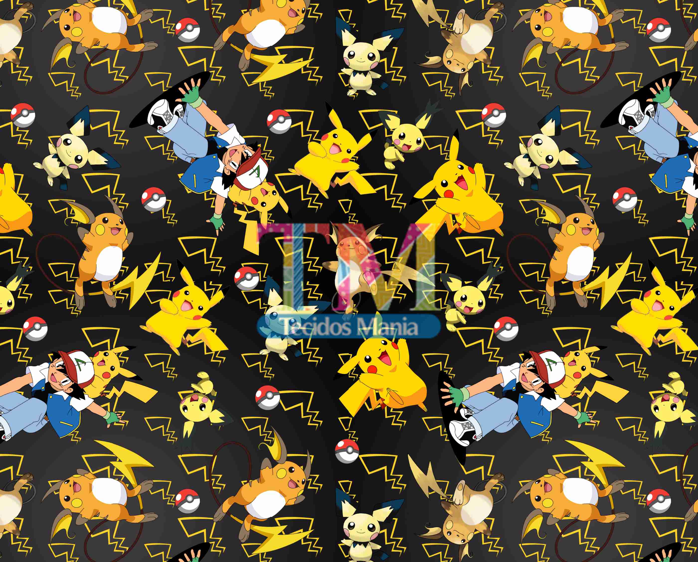 Sintético doll estampado - Pokémon - Pikachu e sua turma - Fundo amarelo