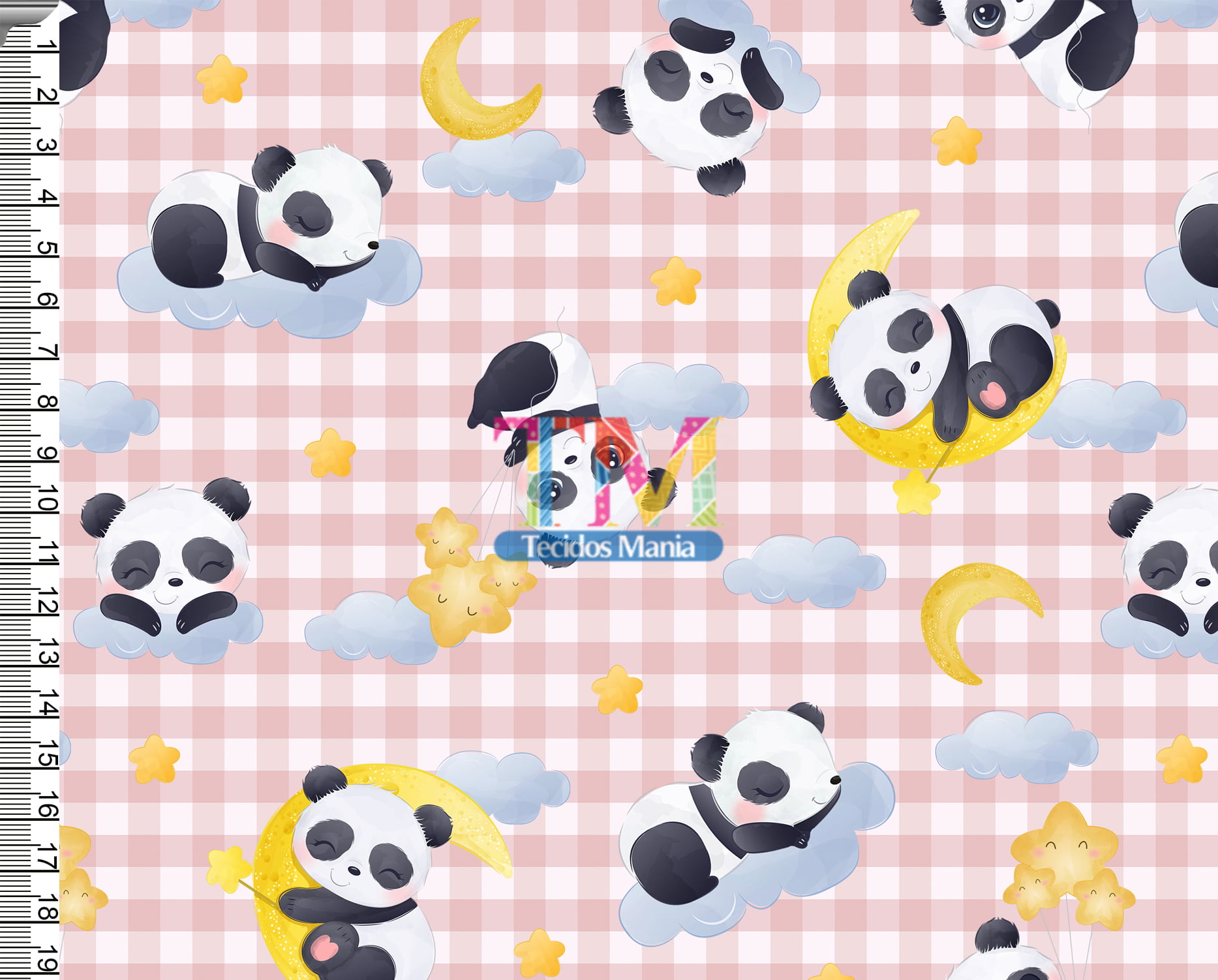 Sintético doll estampado - Panda - céu - fundo xadrez rosa 