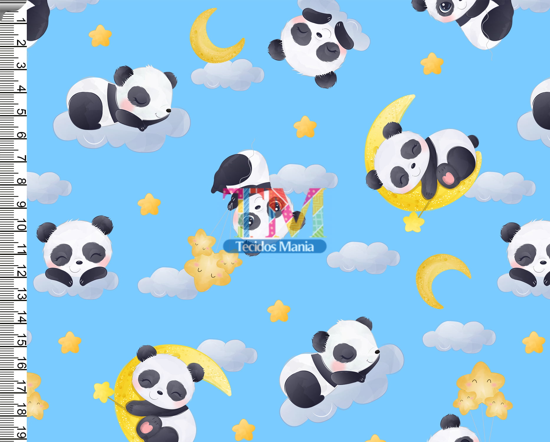 Sintético doll estampado - Panda - céu - fundo azul 