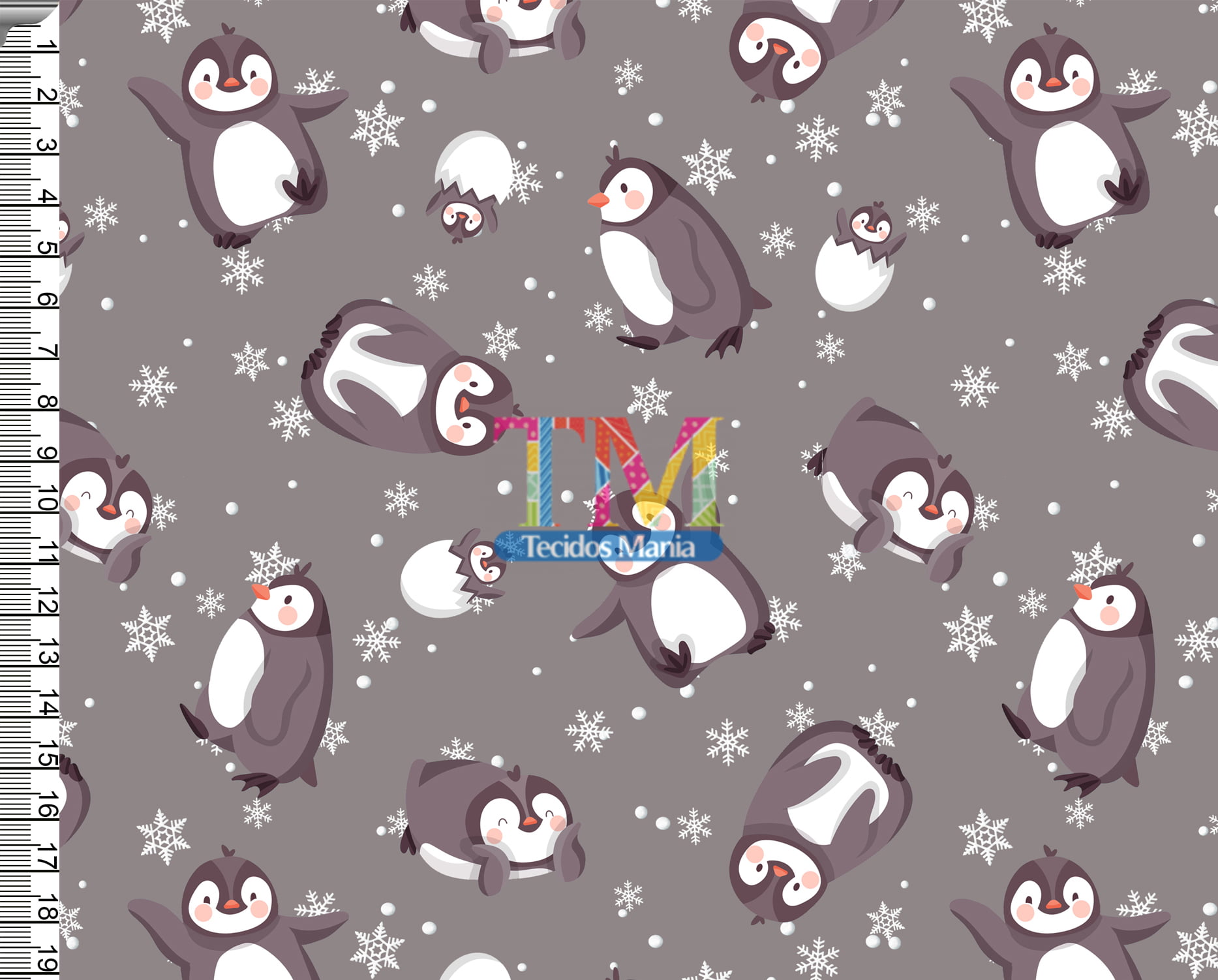 Sintético doll estampado - Pinguim - flocos de neve - fundo cinza 
