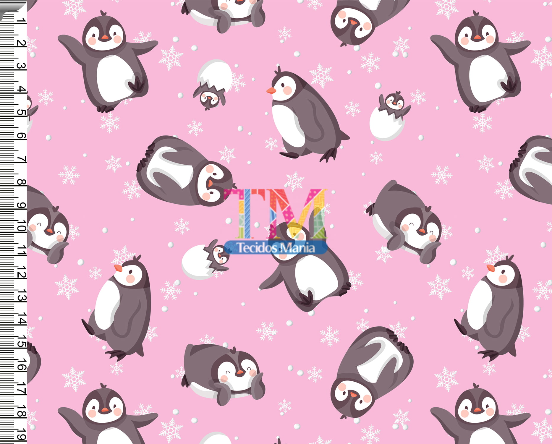 Sintético doll estampado - Pinguim - flocos de neve - fundo rosa 
