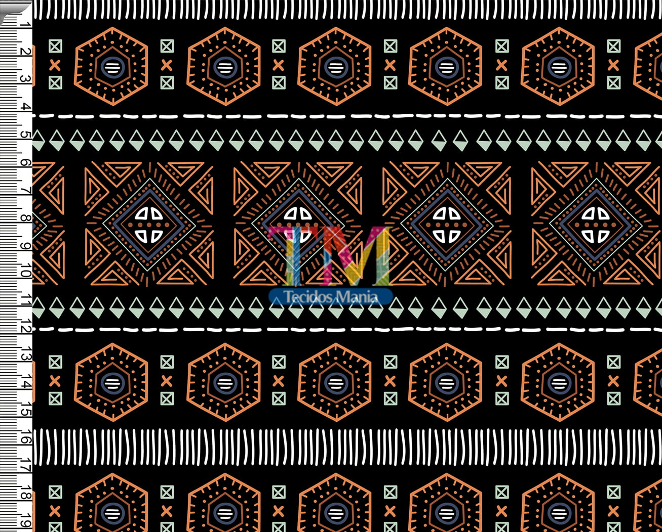 Tecido Oxford Estampa Digital - Étnico - Mosaico - Fundo preto