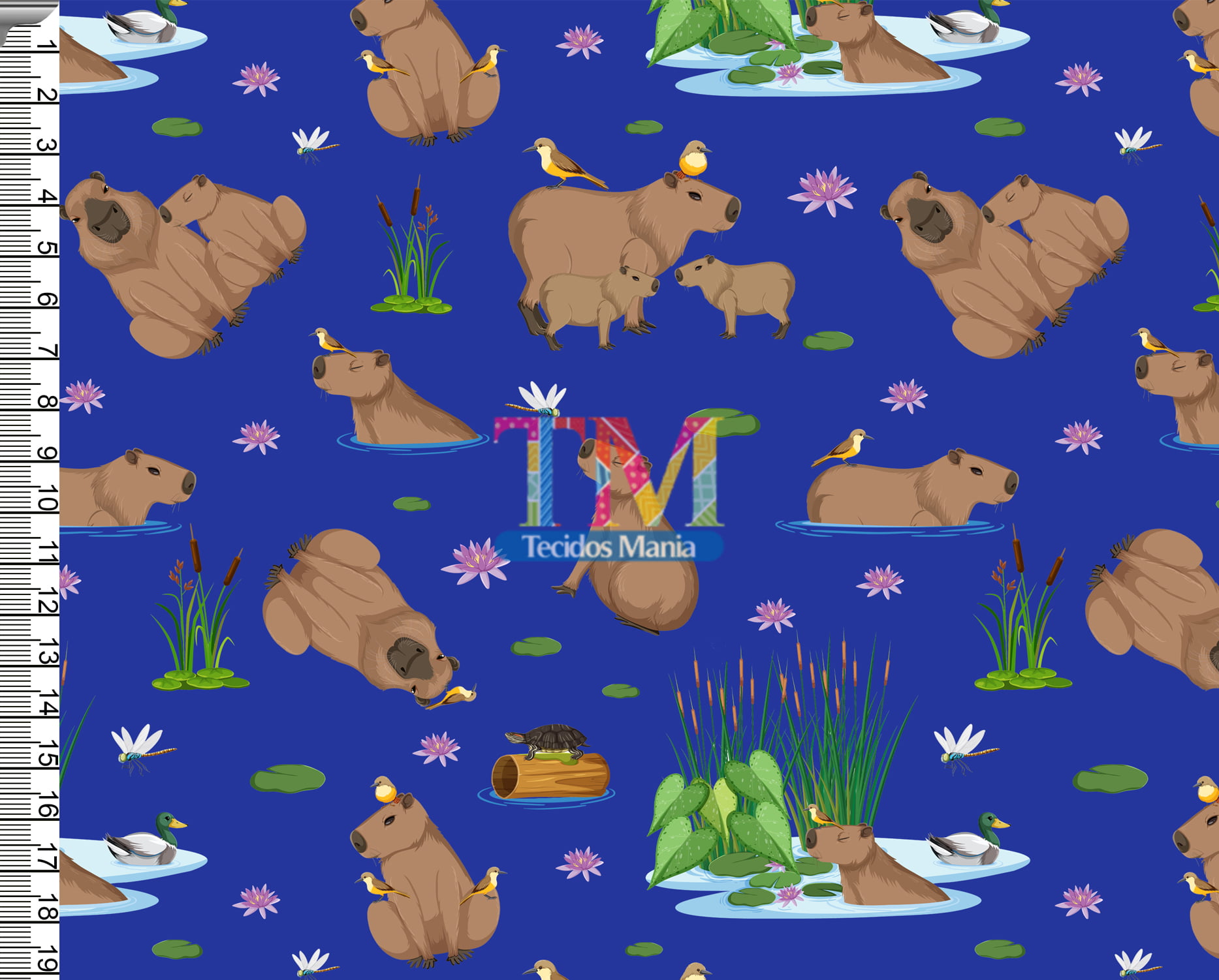 Tecido tricoline, microfibra ou gabardine estampado - Capivara - fundo azul marinho - Cópia (1)