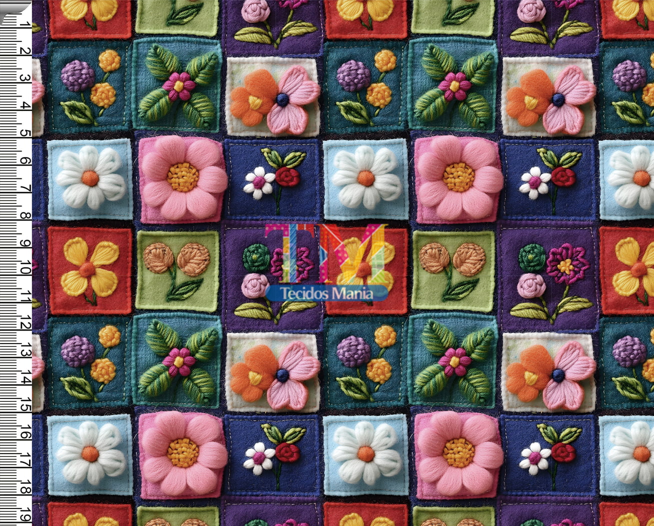 Tecido tricoline, microfibra ou gabardine estampado - Azulejo Flores - 3D
