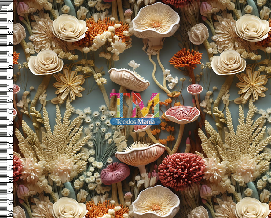 Tecido tricoline, microfibra ou gabardine estampado - Floral - Cogumelos - 3D   