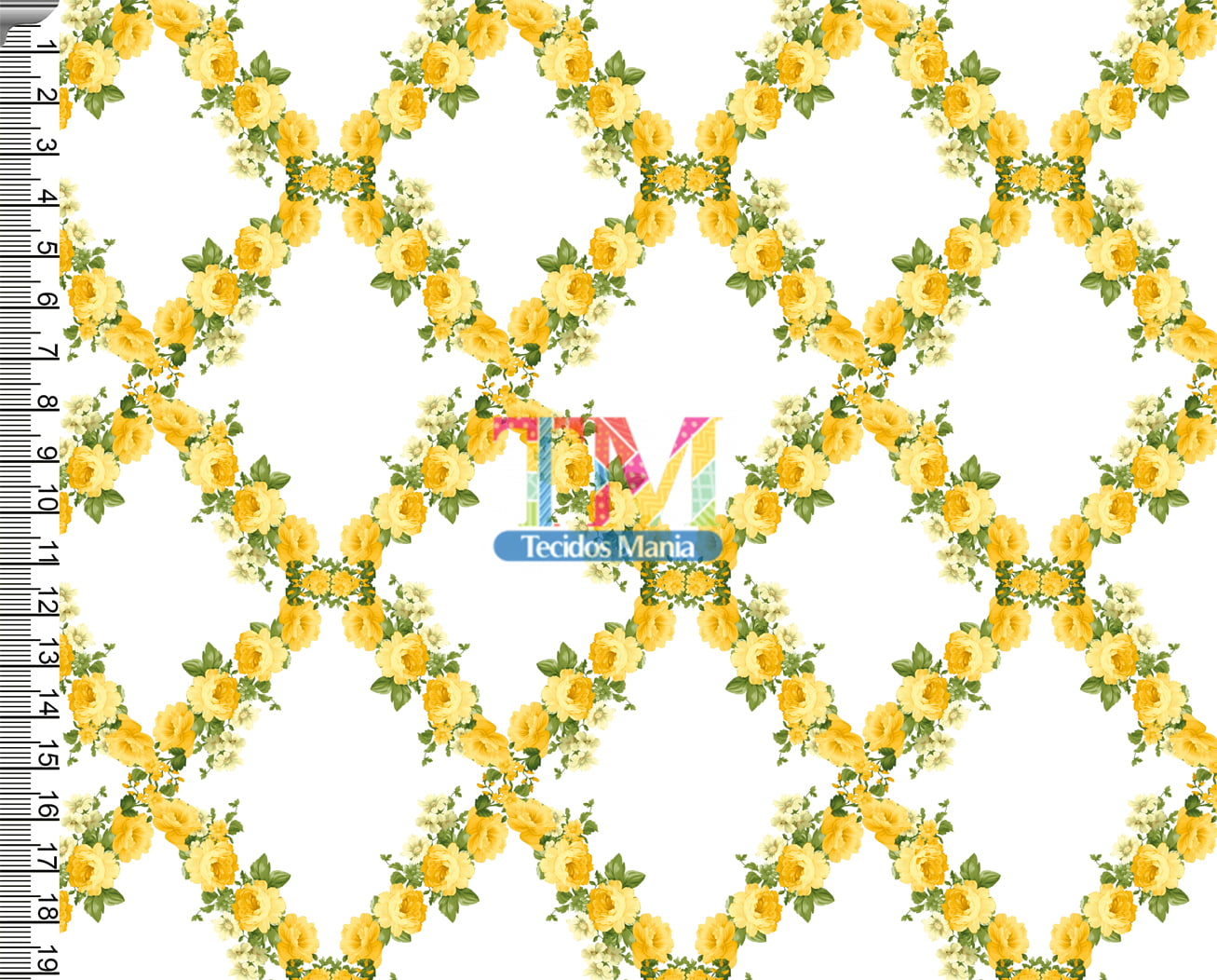 Tecido tricoline, microfibra ou gabardine estampado - Floral - Condessa - Amarelo 