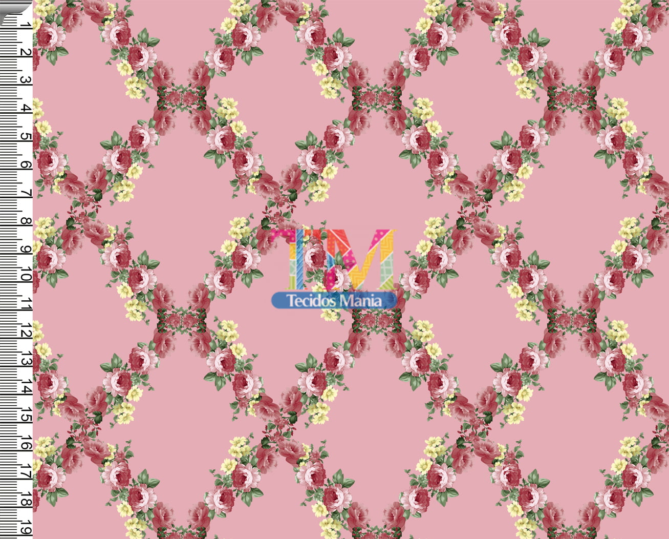 Tecido tricoline, microfibra ou gabardine estampado - Floral Condessa - Fundo Rose