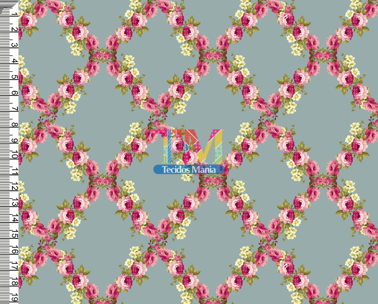 Tecido tricoline, microfibra ou gabardine estampado - Floral Condessa - Fundo Verde Vintage