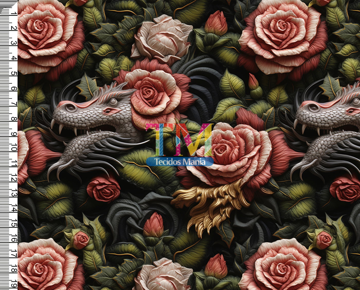 Tecido tricoline, microfibra ou gabardine estampado - Floral - dragão - 3D  