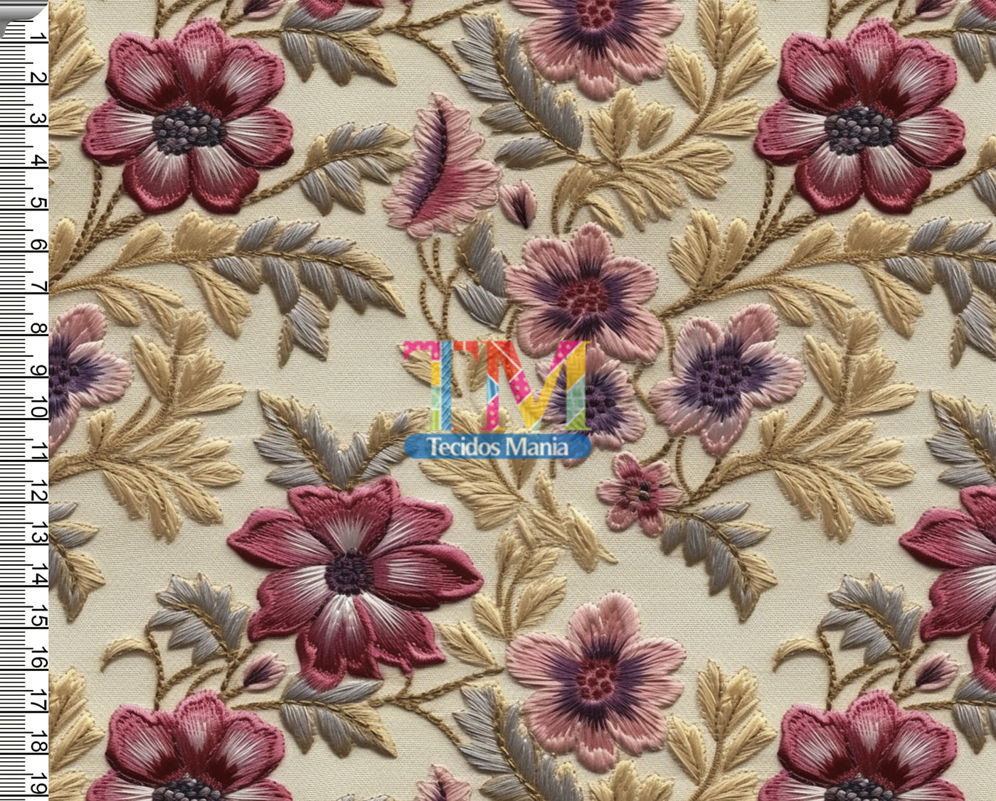 Tecido tricoline, microfibra ou gabardine estampado - Floral -elizabeth - bordado - 3D   