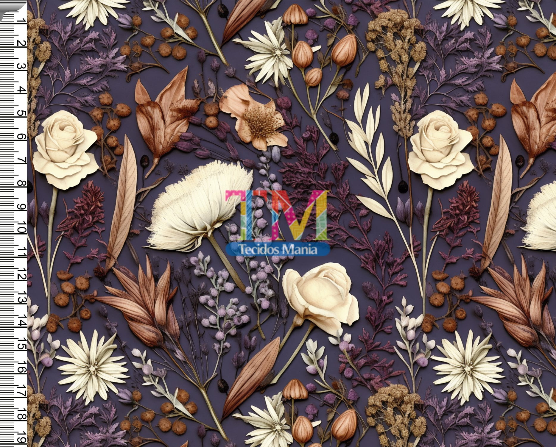 Tecido tricoline, microfibra ou gabardine estampado - Floral - fundo roxo - 3D  