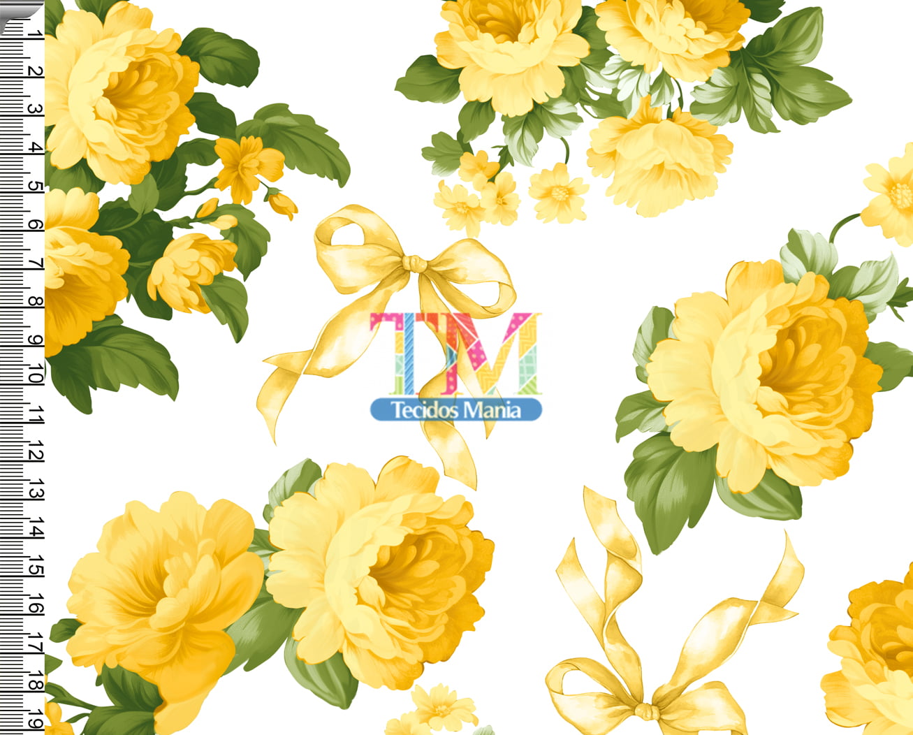 Tecido tricoline, microfibra ou gabardine estampado - Floral laços - Luiza - Amarelo 