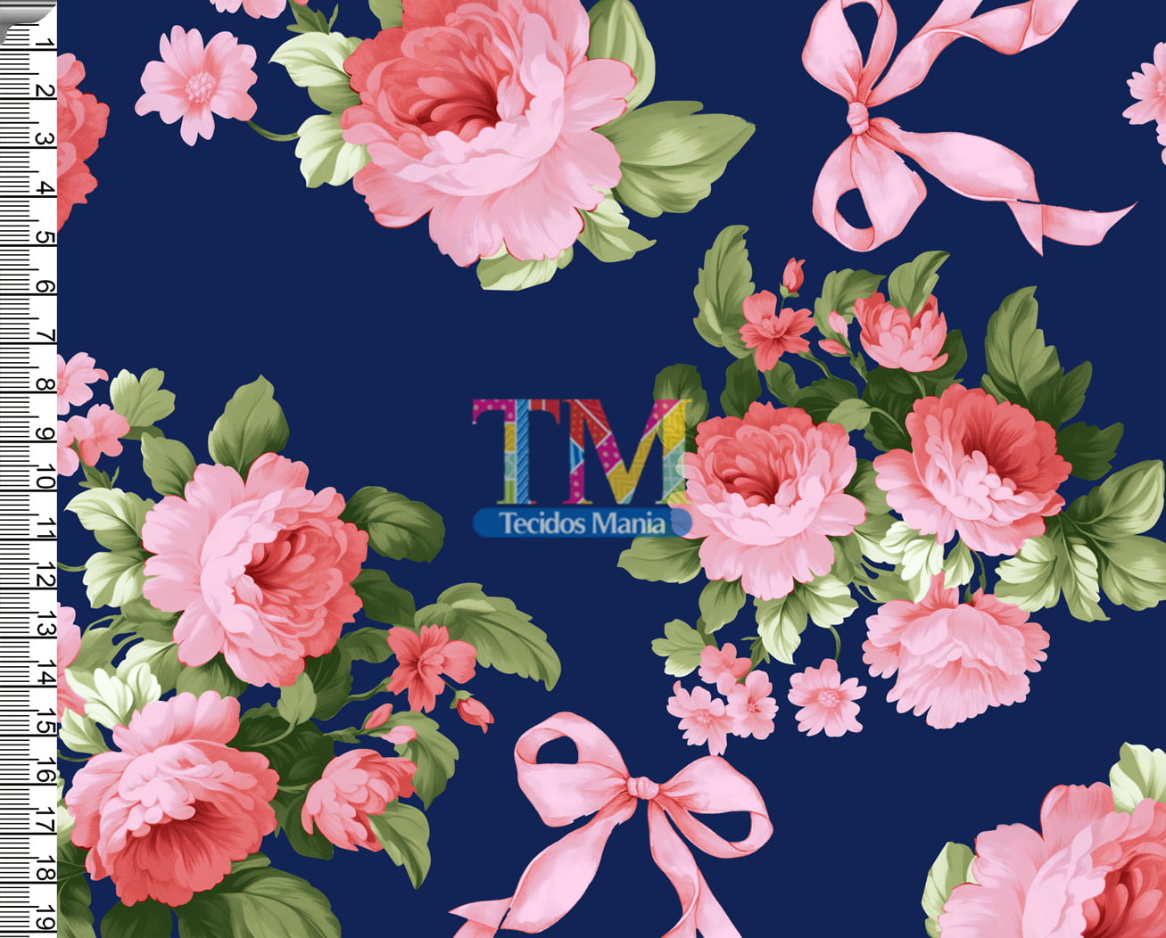 Tecido tricoline, microfibra ou gabardine estampado - Floral laços - Luiza - Fundo Azul Marinho
