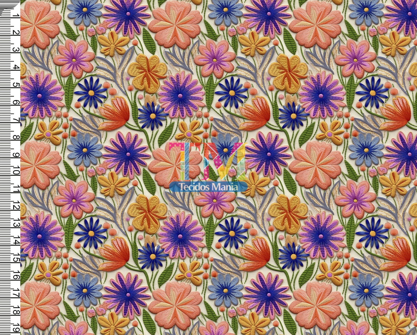 Tecido tricoline, microfibra ou gabardine estampado - Floral - lia - bordado - 3D  