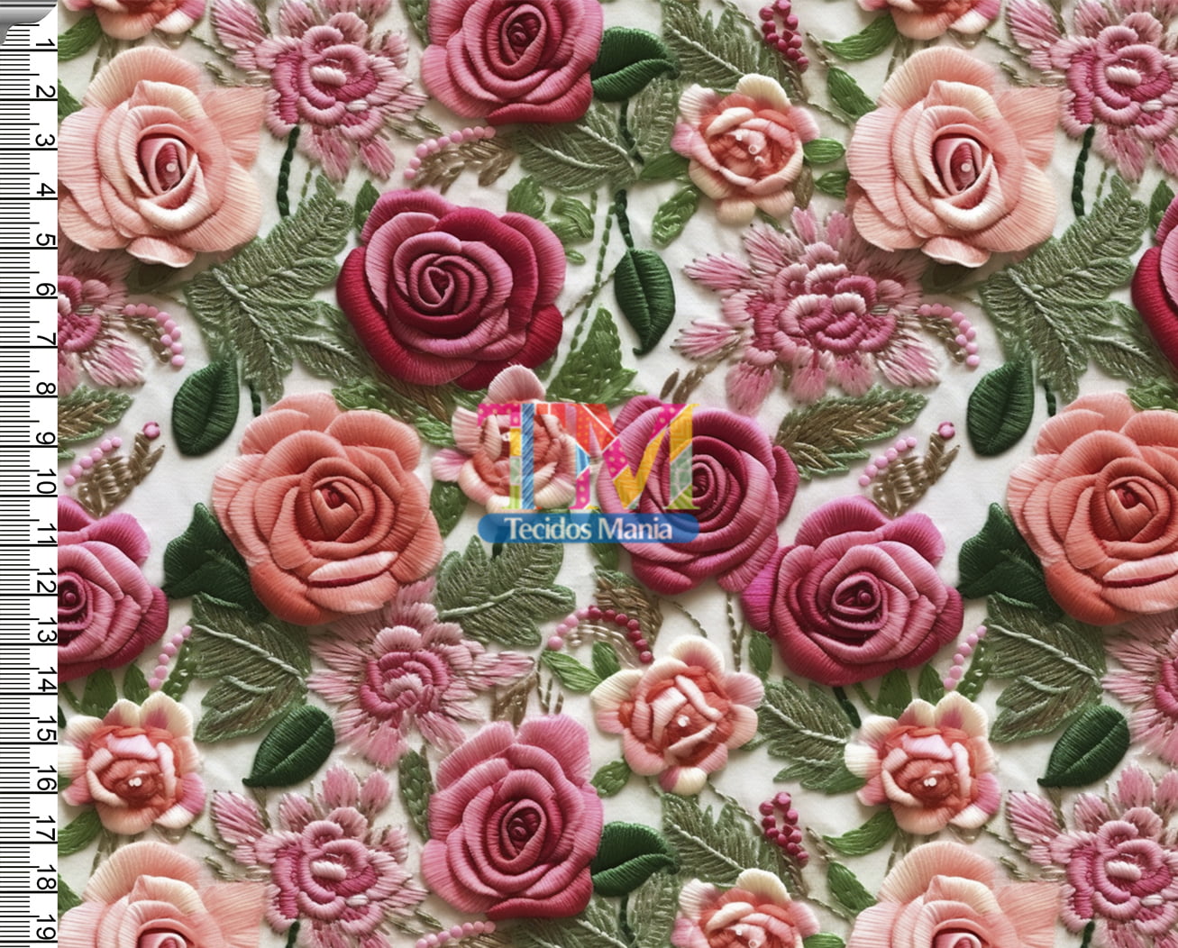 Tecido tricoline, microfibra ou gabardine estampado - Floral - Rosas - cor de rosa - Bordado 3D