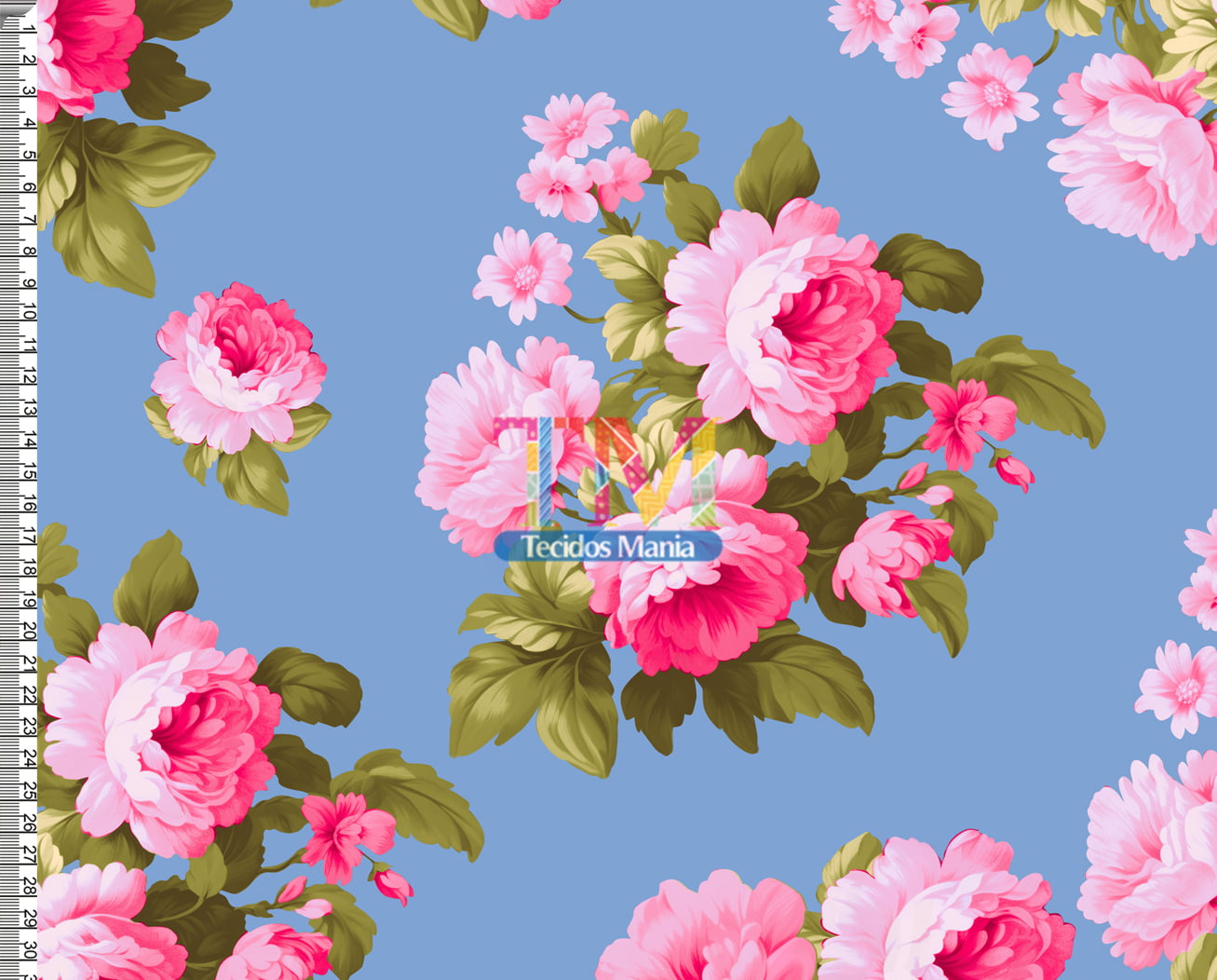 Tecido tricoline, microfibra ou gabardine estampado - Floral - Verona - Fundo Azul Vintage
