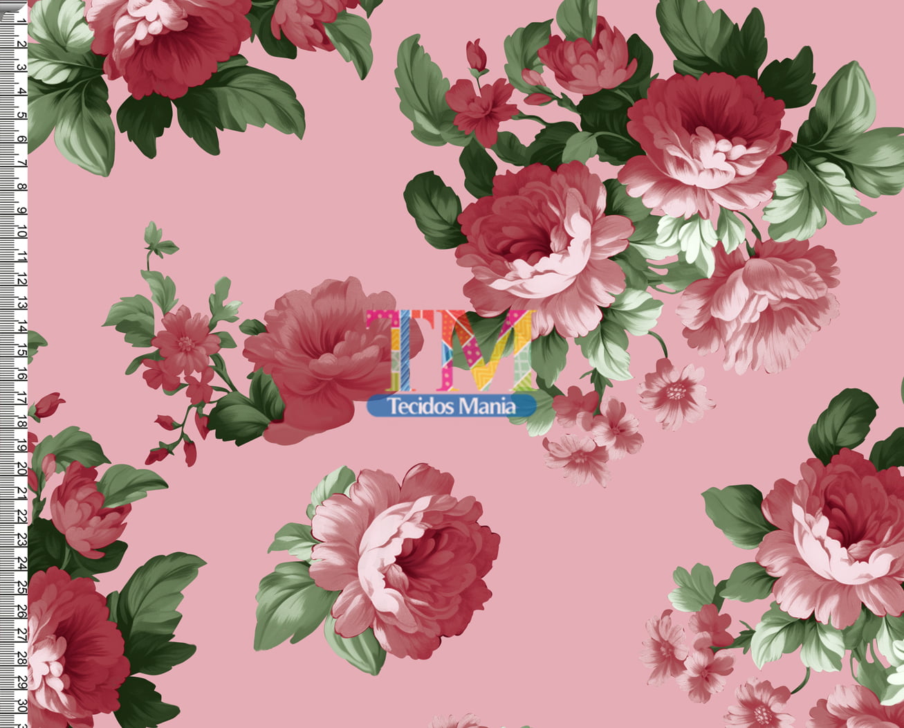 Tecido tricoline, microfibra ou gabardine estampado - Floral - Verona - Fundo Rose