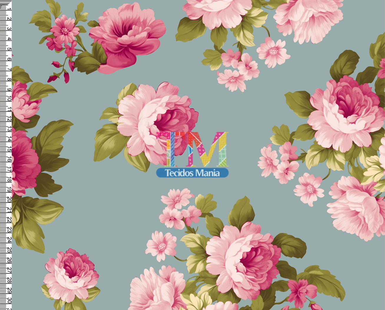 Tecido tricoline, microfibra ou gabardine estampado - Floral - Verona - Fundo Verde Vintage