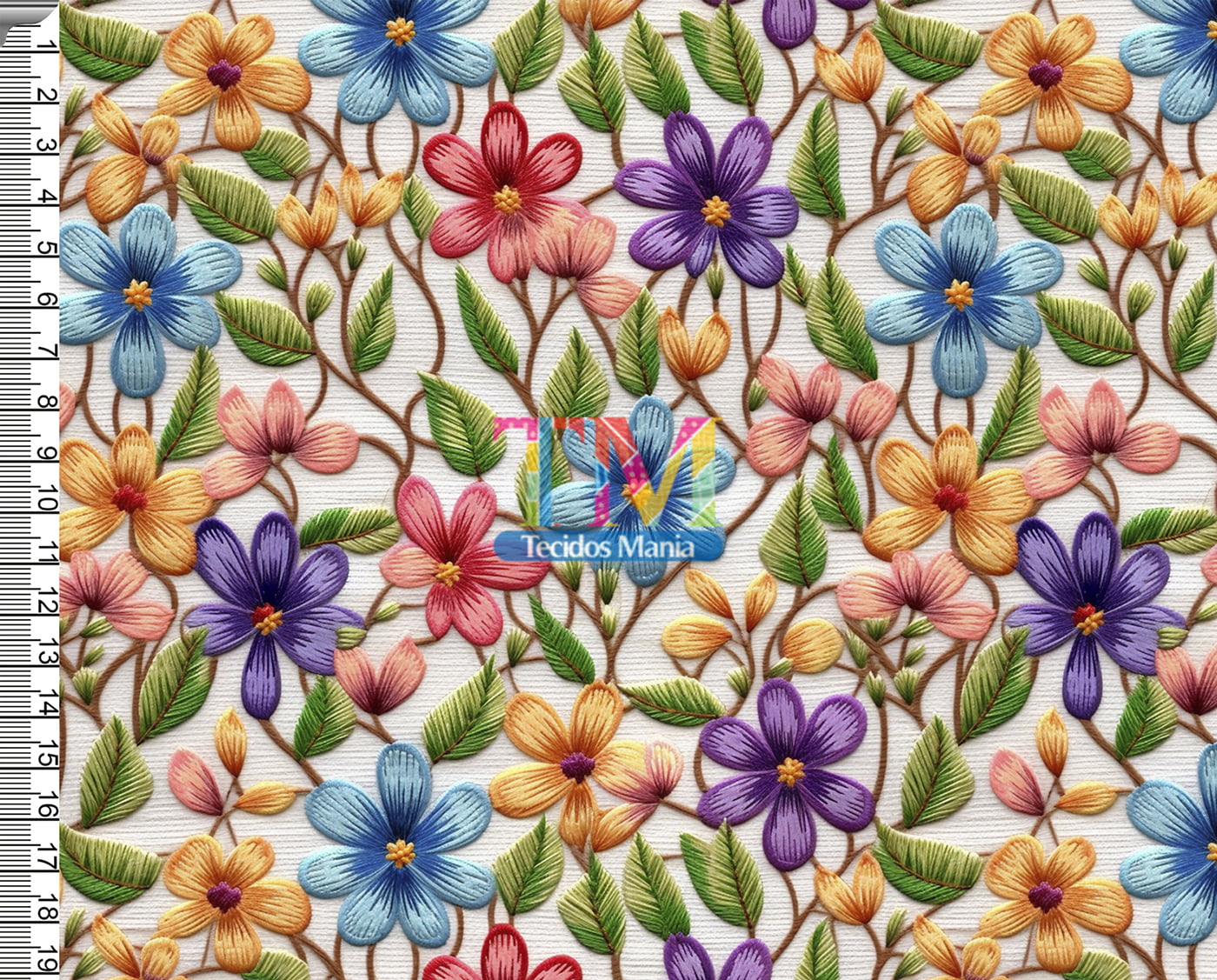 Tecido tricoline, microfibra ou gabardine estampado - Flores - cora - bordado - 3D  