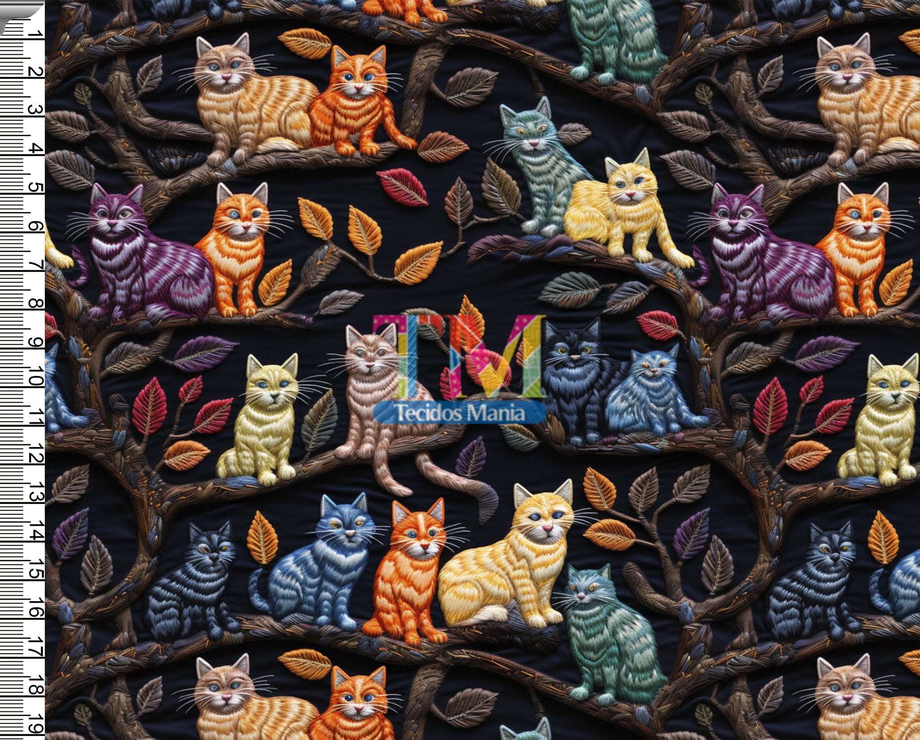 Tecido tricoline, microfibra ou gabardine estampado - Gatos na arvore - coloridos - bordado - 3D   