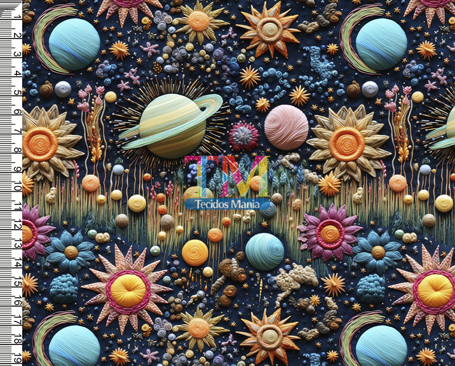 Tecido tricoline, microfibra ou gabardine estampado - Jardim planetas - bordado - 3D   