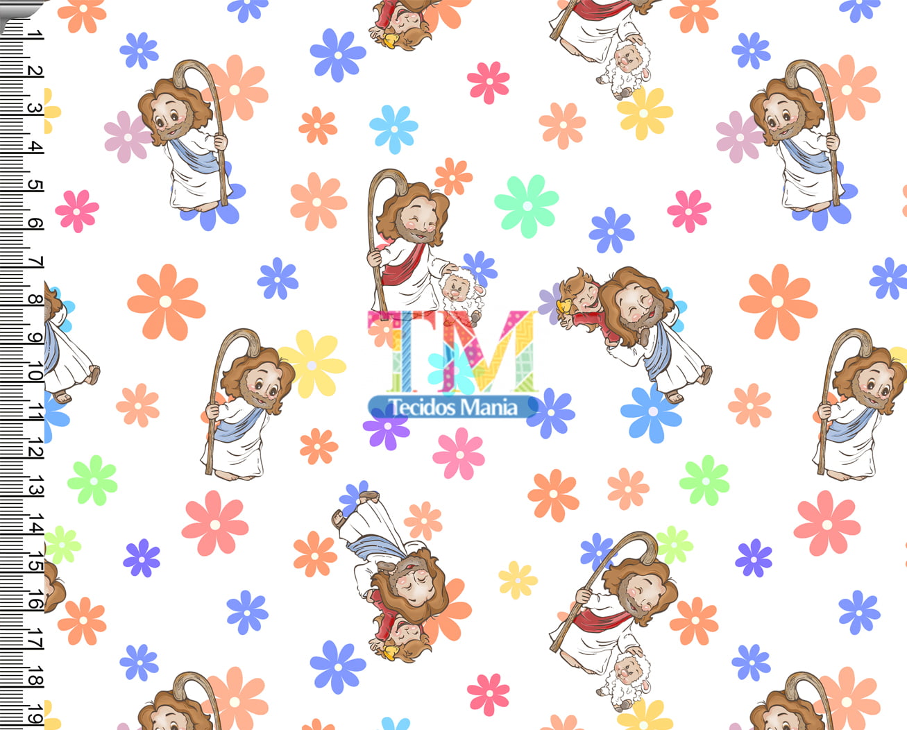 Tecido tricoline, microfibra ou gabardine estampado - Jesus - flores - Ele Vive - fundo branco