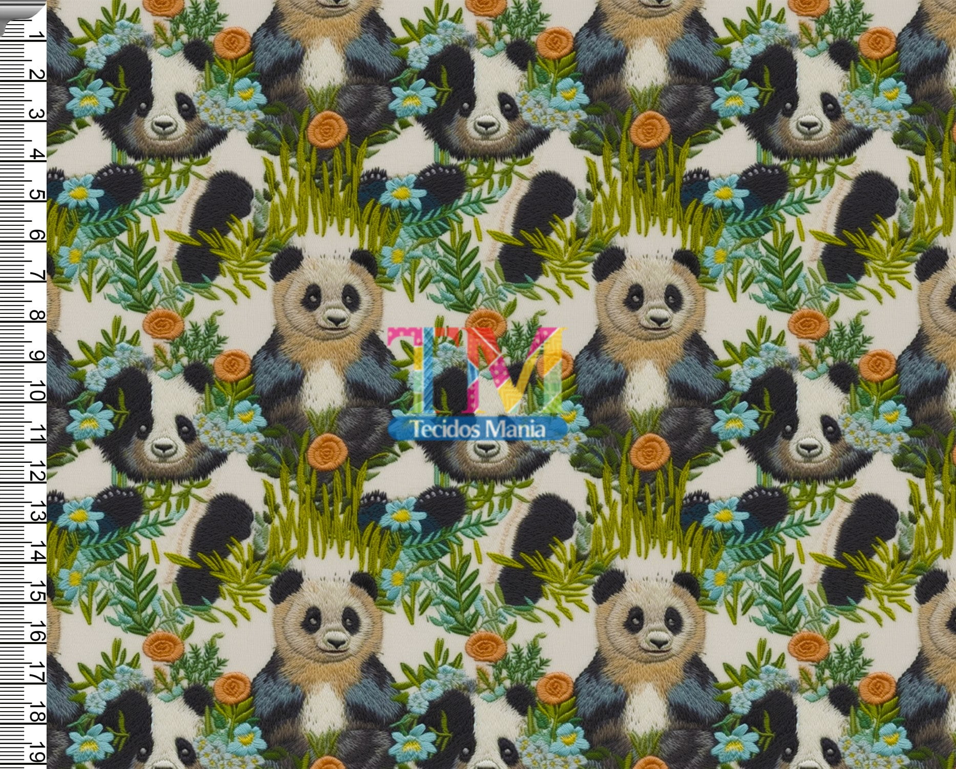 Tecido tricoline, microfibra ou gabardine estampado - Panda - floral - bordado - 3D   