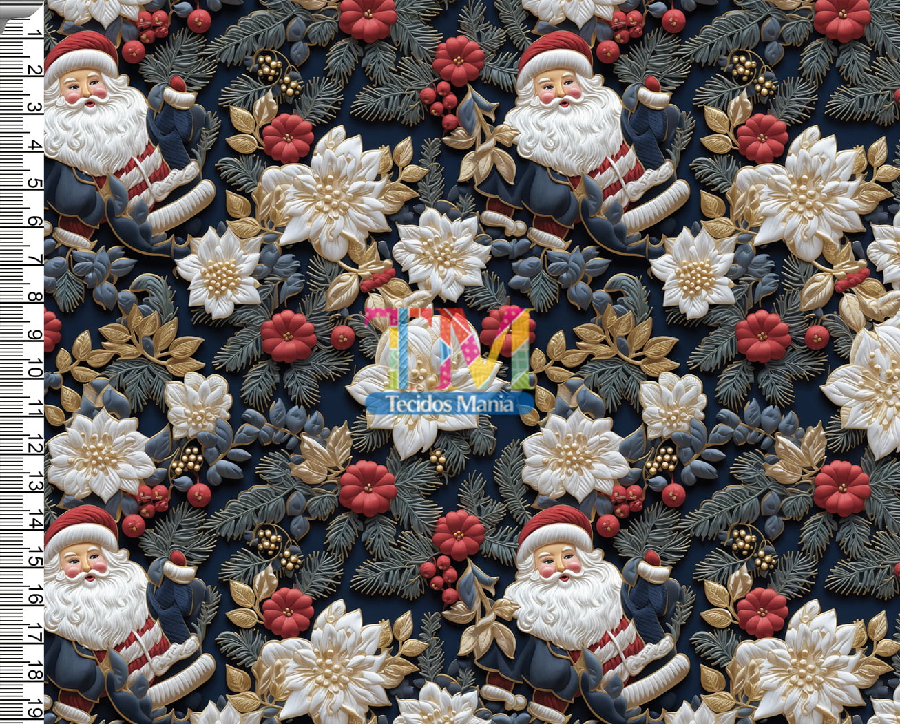 Tecido tricoline, microfibra ou gabardine estampado -  Papai noel - flores brancas - 3D 