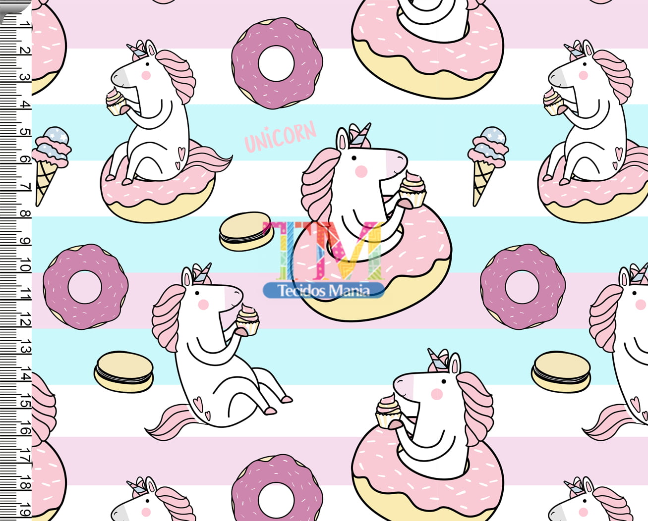 Tecido tricoline, microfibra ou gabardine estampado  - Unicórnio - Donuts - fundo ondas coloridas