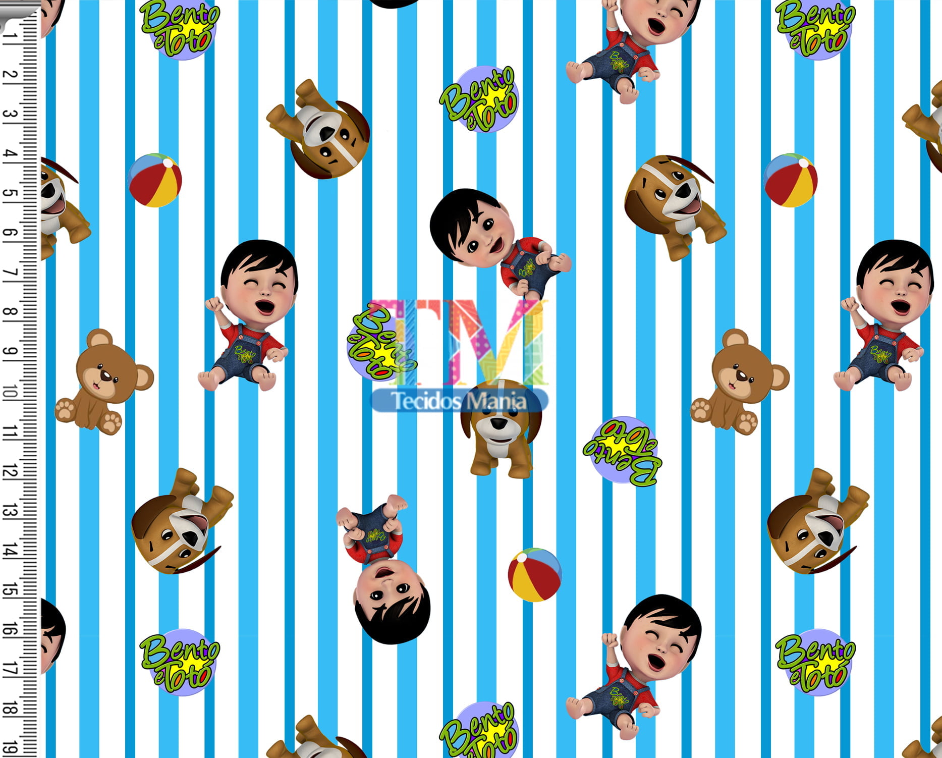 Tecido Oxford Estampa Digital - Bento E Totó - Fundo Listrado
