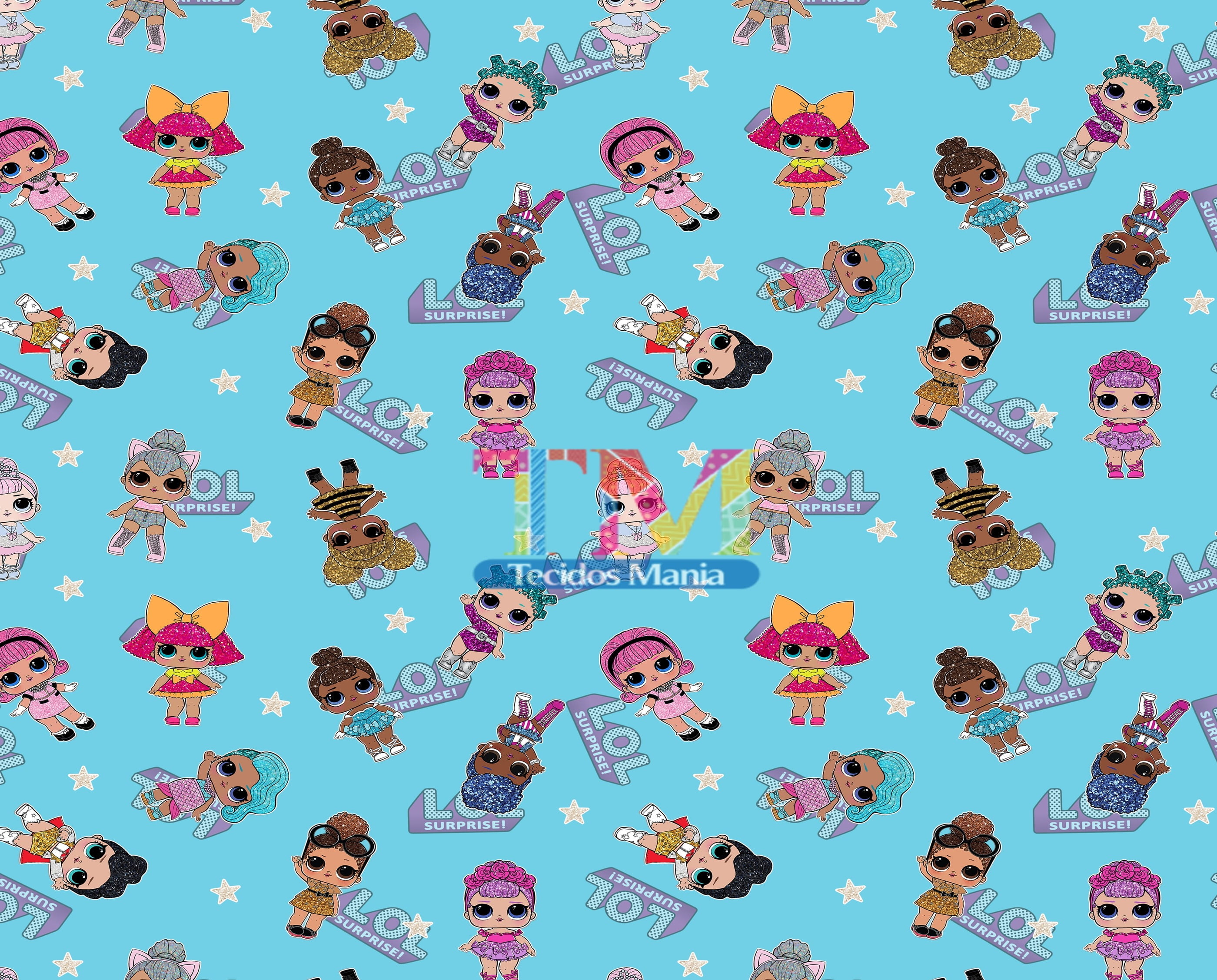 Tecido Oxford Estampa Digital - Bonecas Lol - Glitter - Fundo Azul