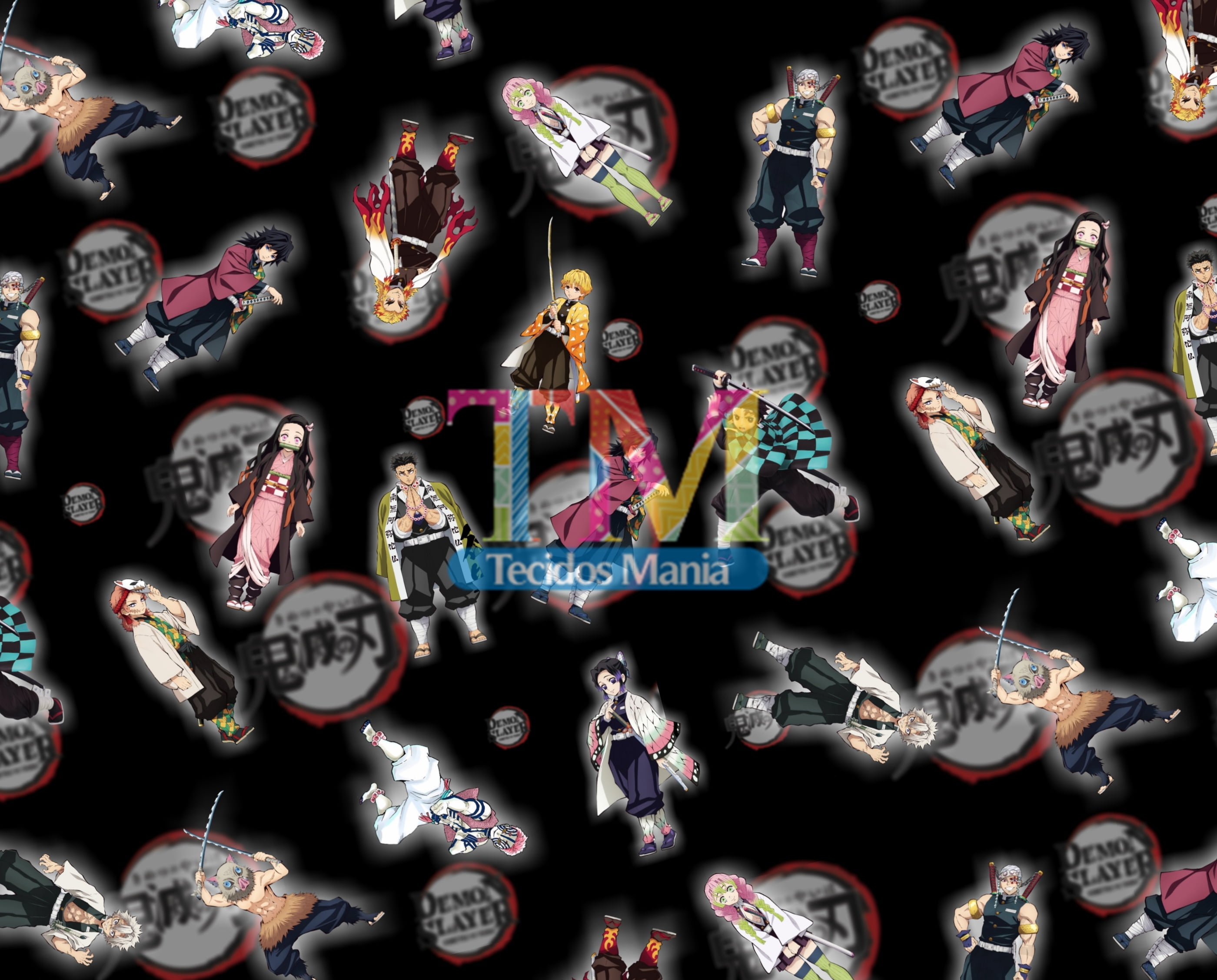 Tecido Oxford Estampa Digital - Demon Slayer - Fundo Preto