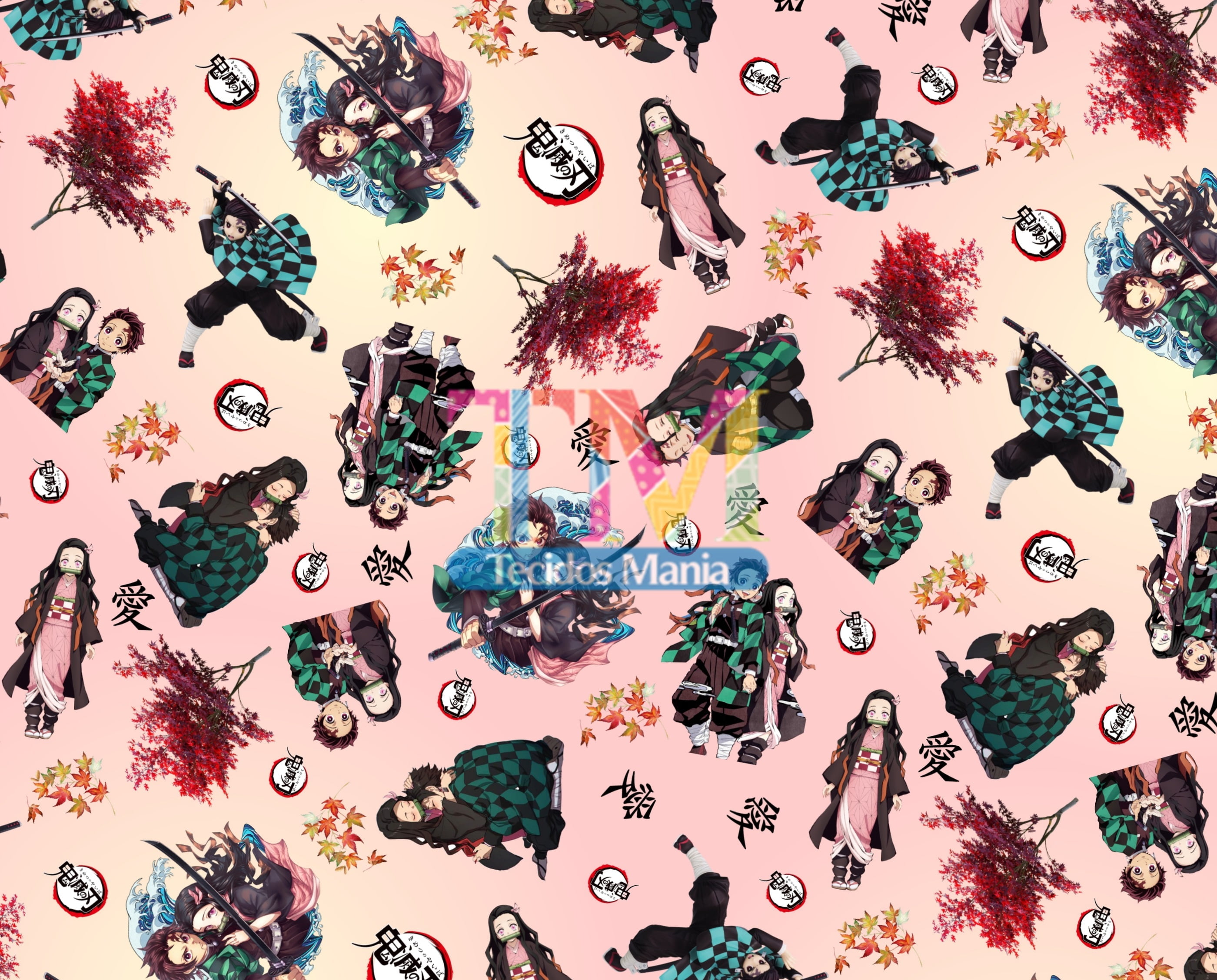 Tecido Oxford Estampa Digital -Demon Slayer - Nezuko e Tanjiro - Fundo Rosa