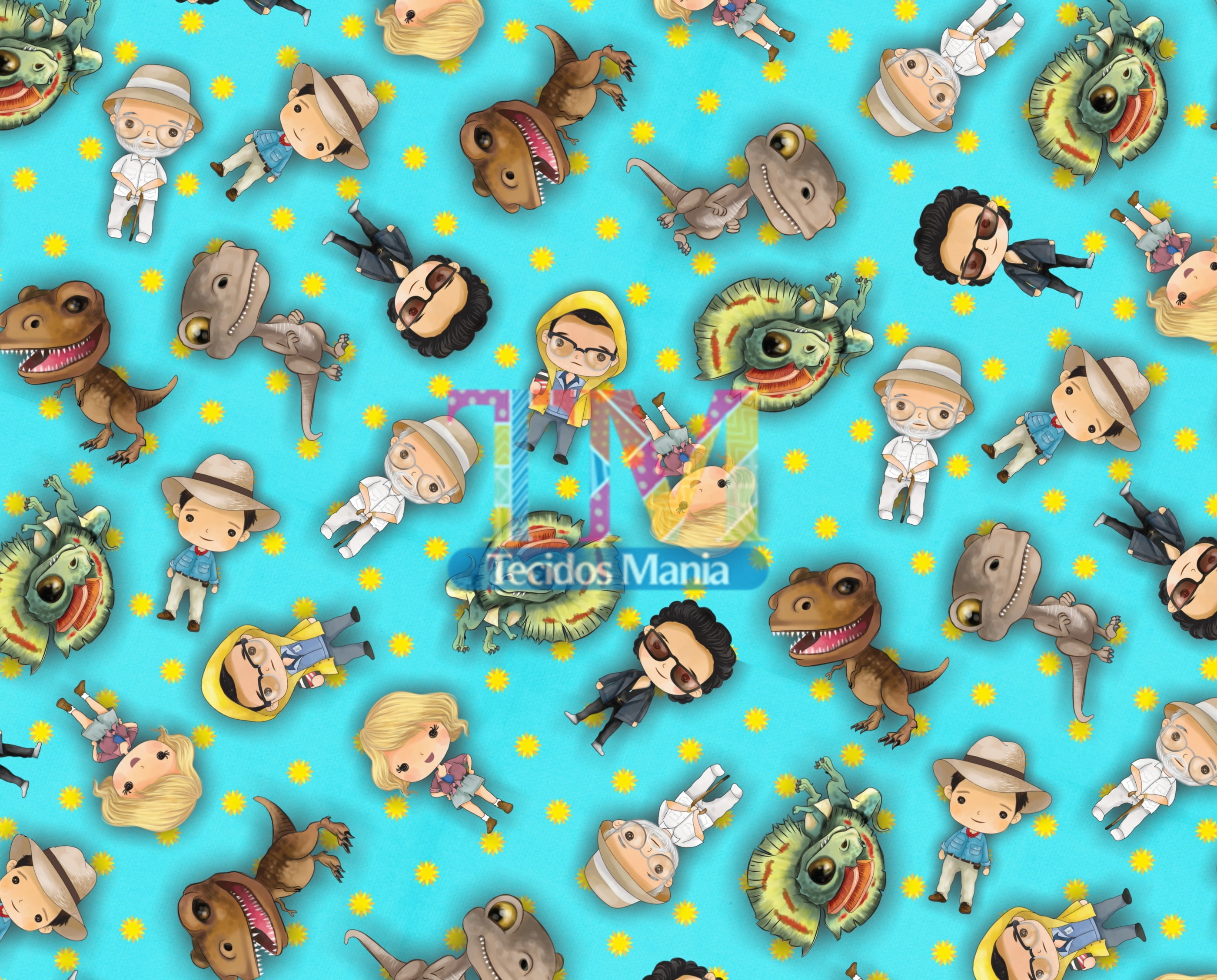 Tecido Oxford Estampa Digital - Jurassic World - Dino Toy - Fundo Azul