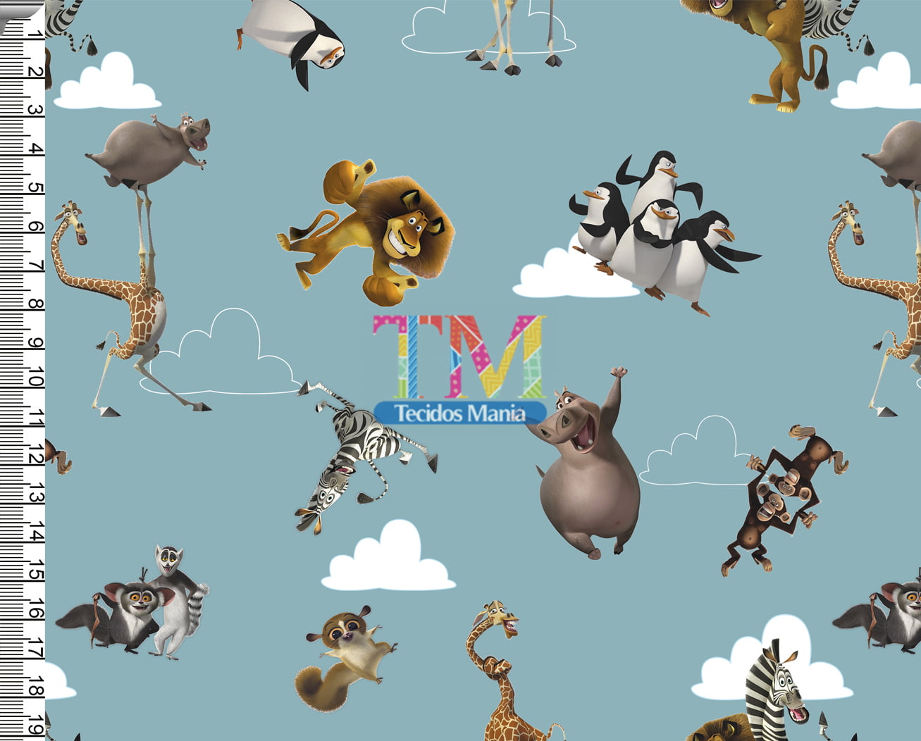 Tecido Oxford Estampa Digital - Madagascar - Nuvem - Fundo Tiffany