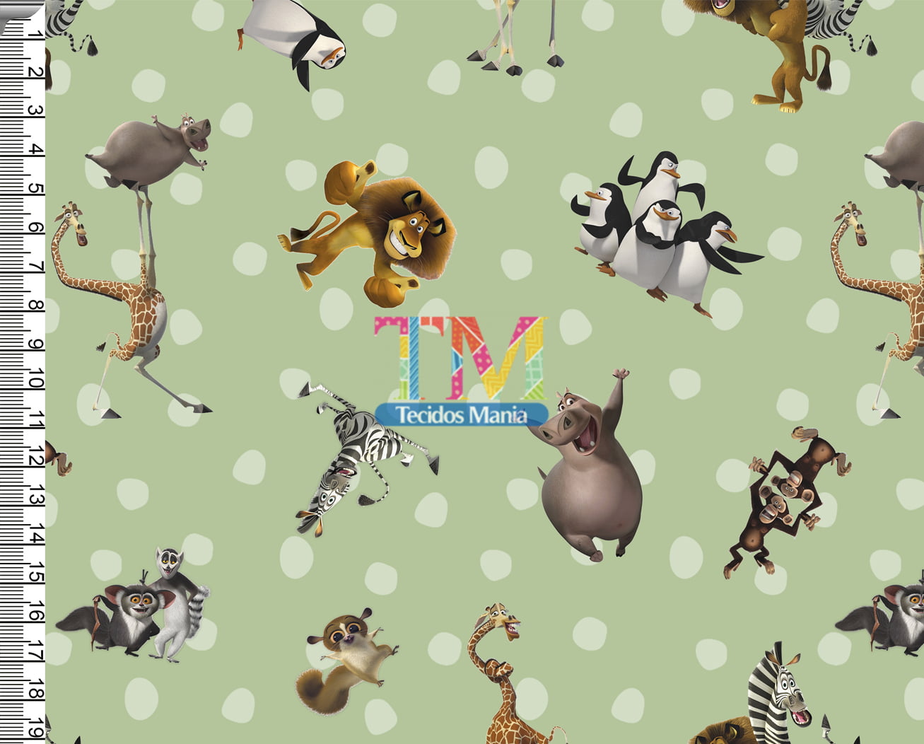 Tecido Oxford Estampa Digital - Madagascar - Bolinha - Fundo Pistache