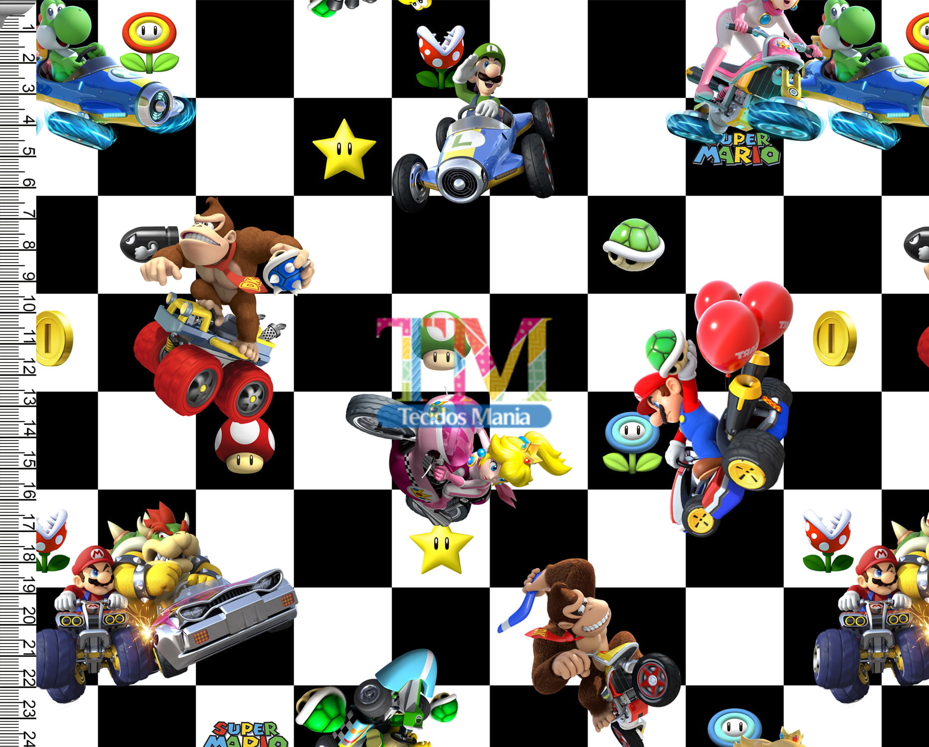 Tecido Oxford Estampa Digital - Mario e Donkey Kong - Quadriculado Corrida
