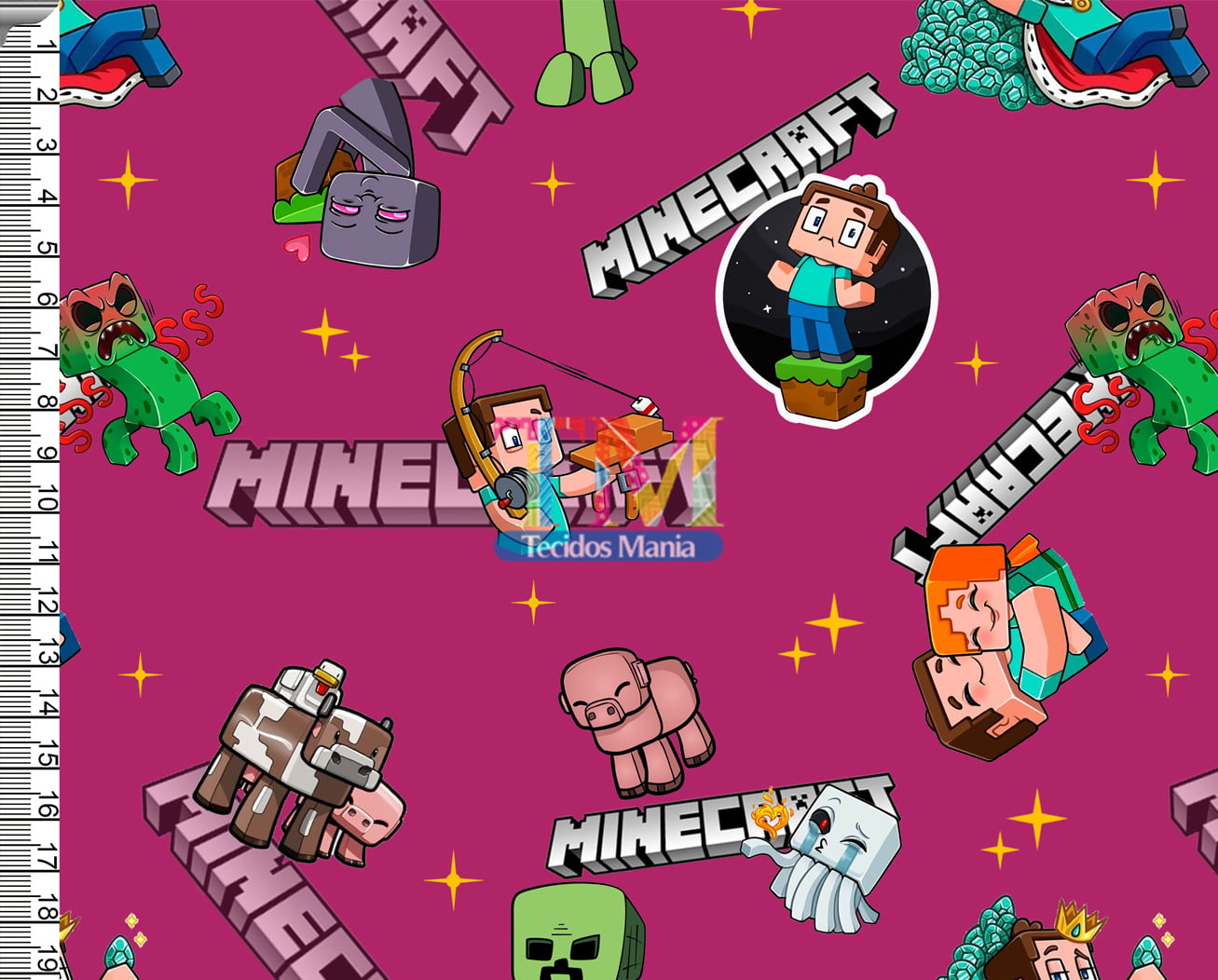 Tecido Oxford Estampa Digital - Minecraft e Seus Amigos - Fundo Rosa