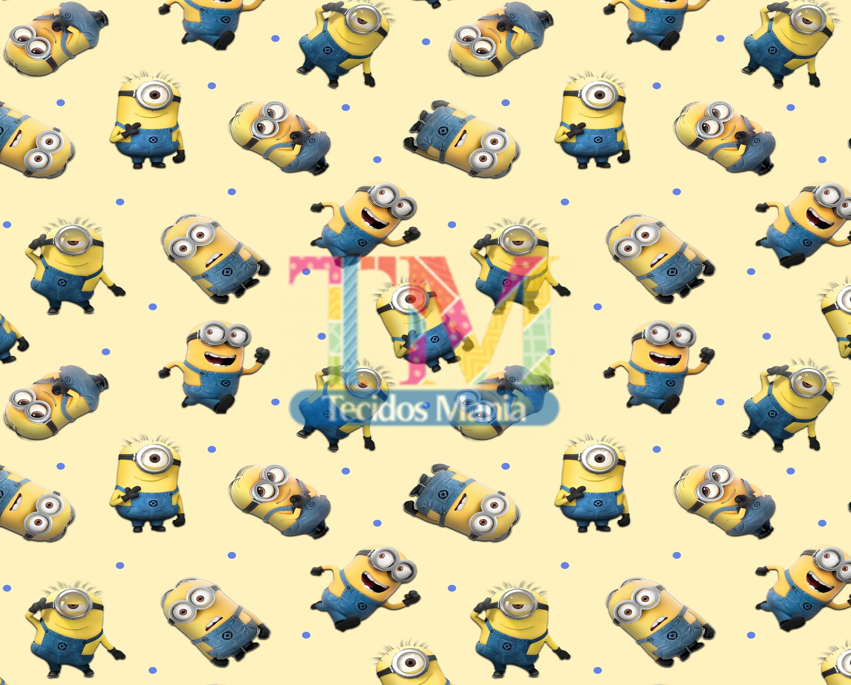 Tecido Oxford Estampa Digital - Minions - Bolinha - Fundo Amarelo