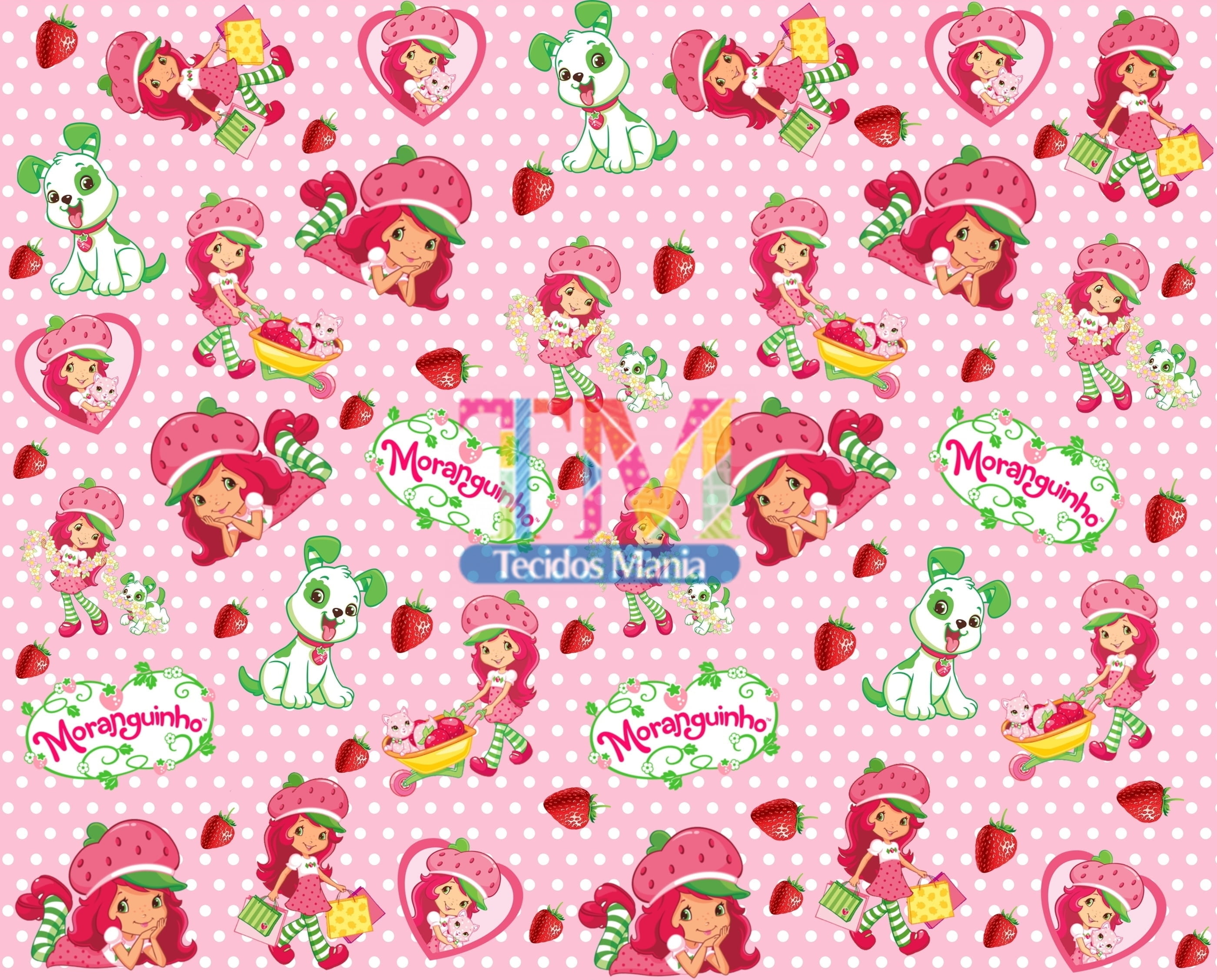 Tecido Oxford Estampa Digital - Moranguinho - Fundo Rosa