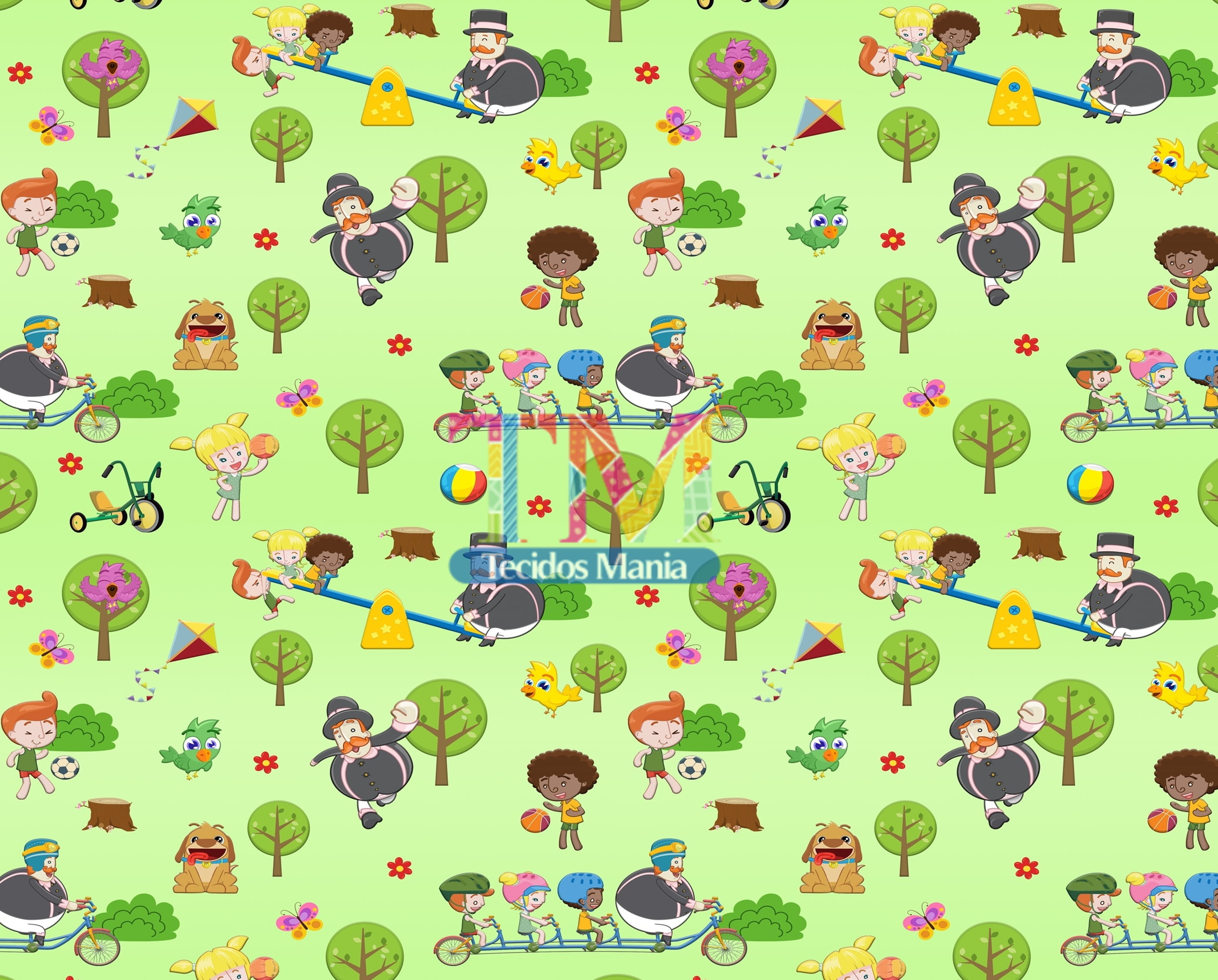 Tecido Oxford Estampa Digital - Mundo Bita No Parque - Fundo Verde