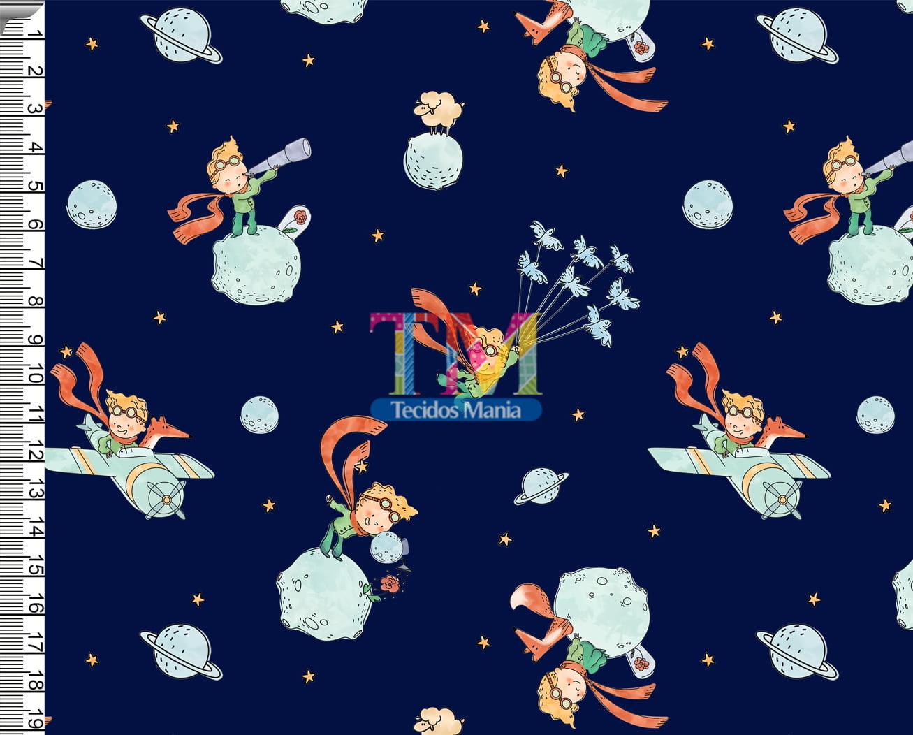 Tecido Oxford Estampa Digital - O Pequeno Príncipe - Planeta - Fundo Azul Marinho