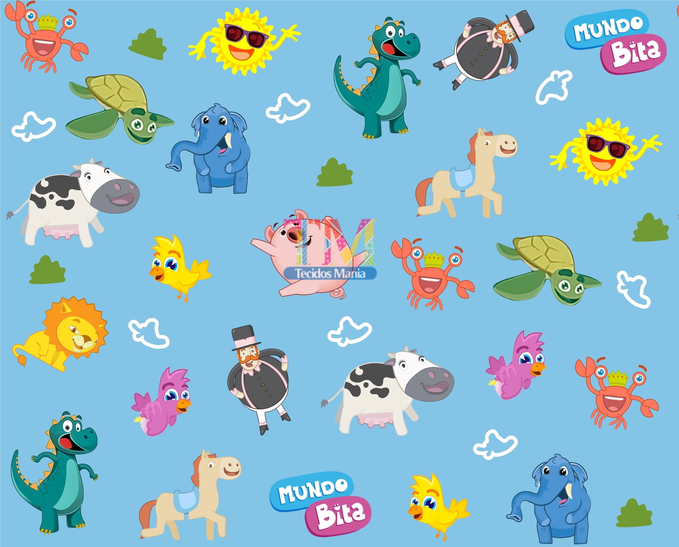 Tecido Oxford Estampa Digital - Mundo Bita - Fundo Azul