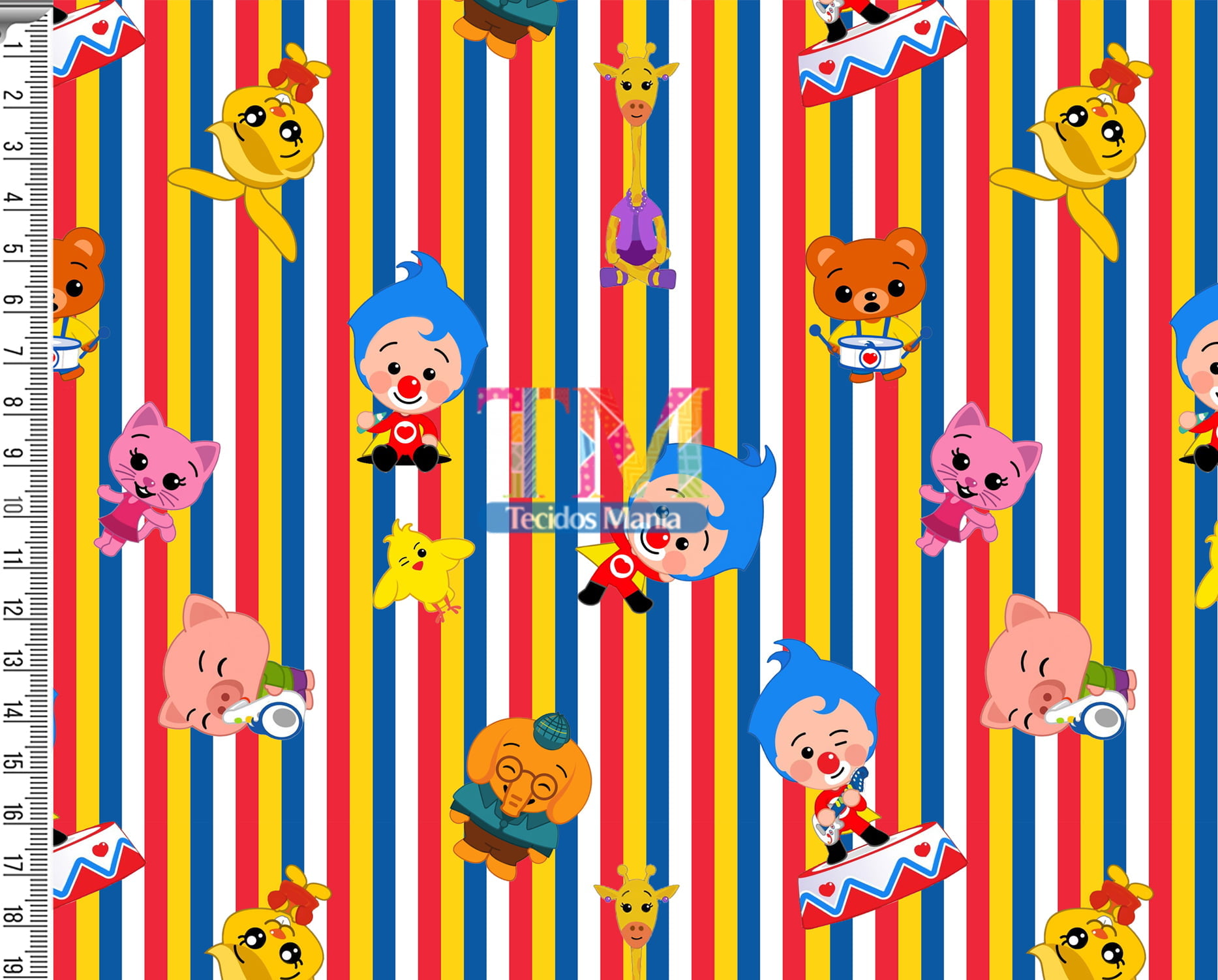 Tecido Oxford Estampa Digital - O Palhaço Plim Plim - Fundo Listras Coloridas