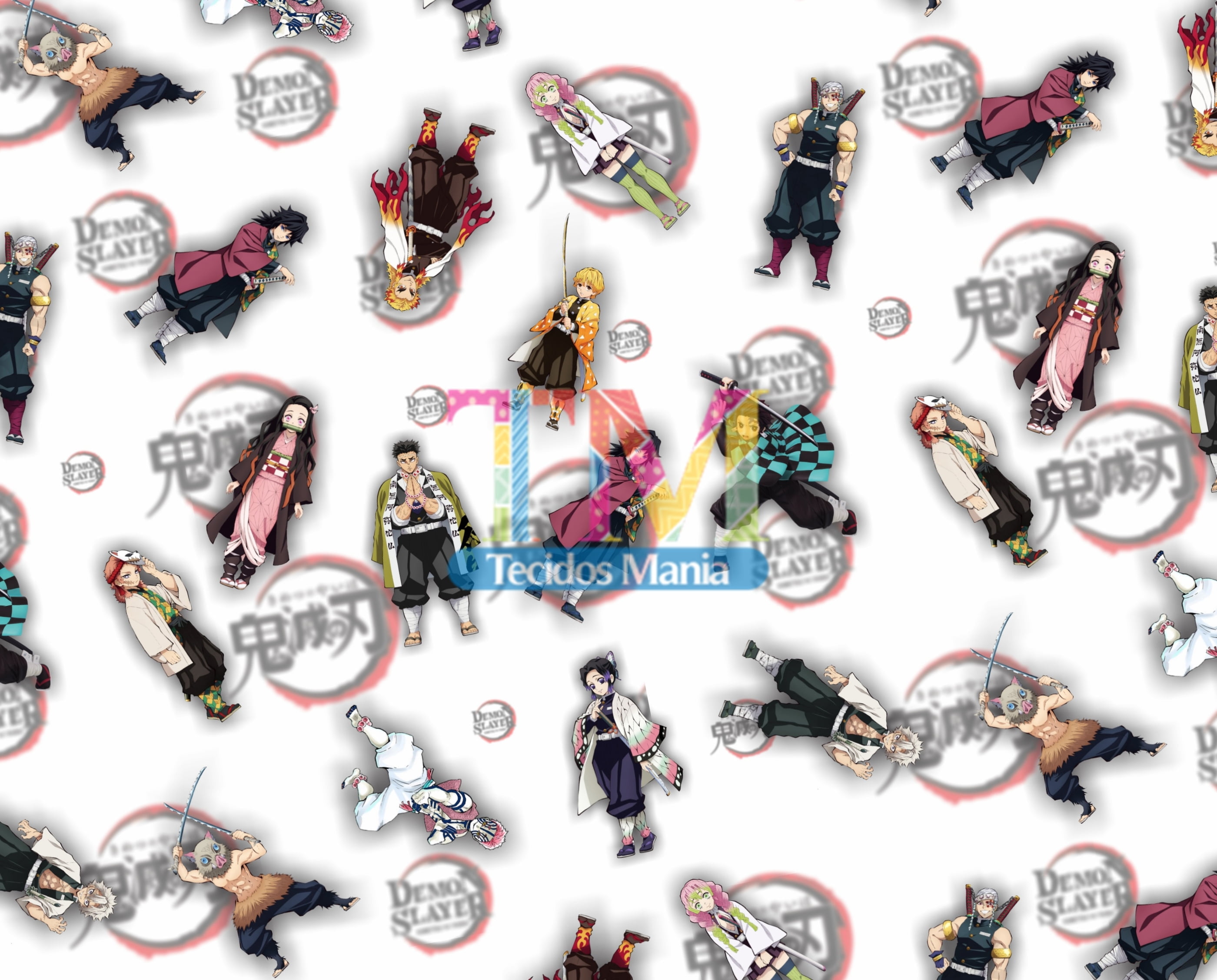Tecido Oxford Estampa Digital - Demon Slayer - Fundo Branco