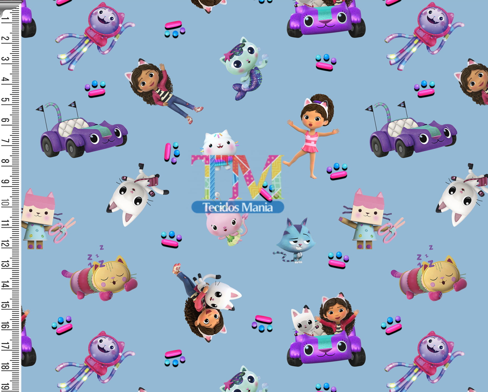 Tecido Oxford Estampa Digital - A Casa Magica de Gabby - Fundo Azul