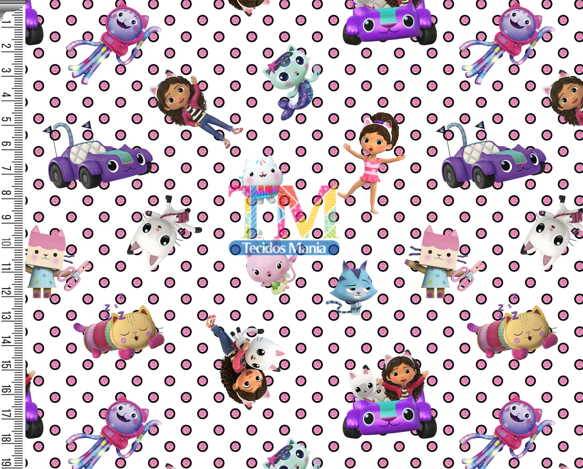 Tecido Oxford Estampa Digital - A Casa Magica de Gabby - Fundo Bolinhas Rosa