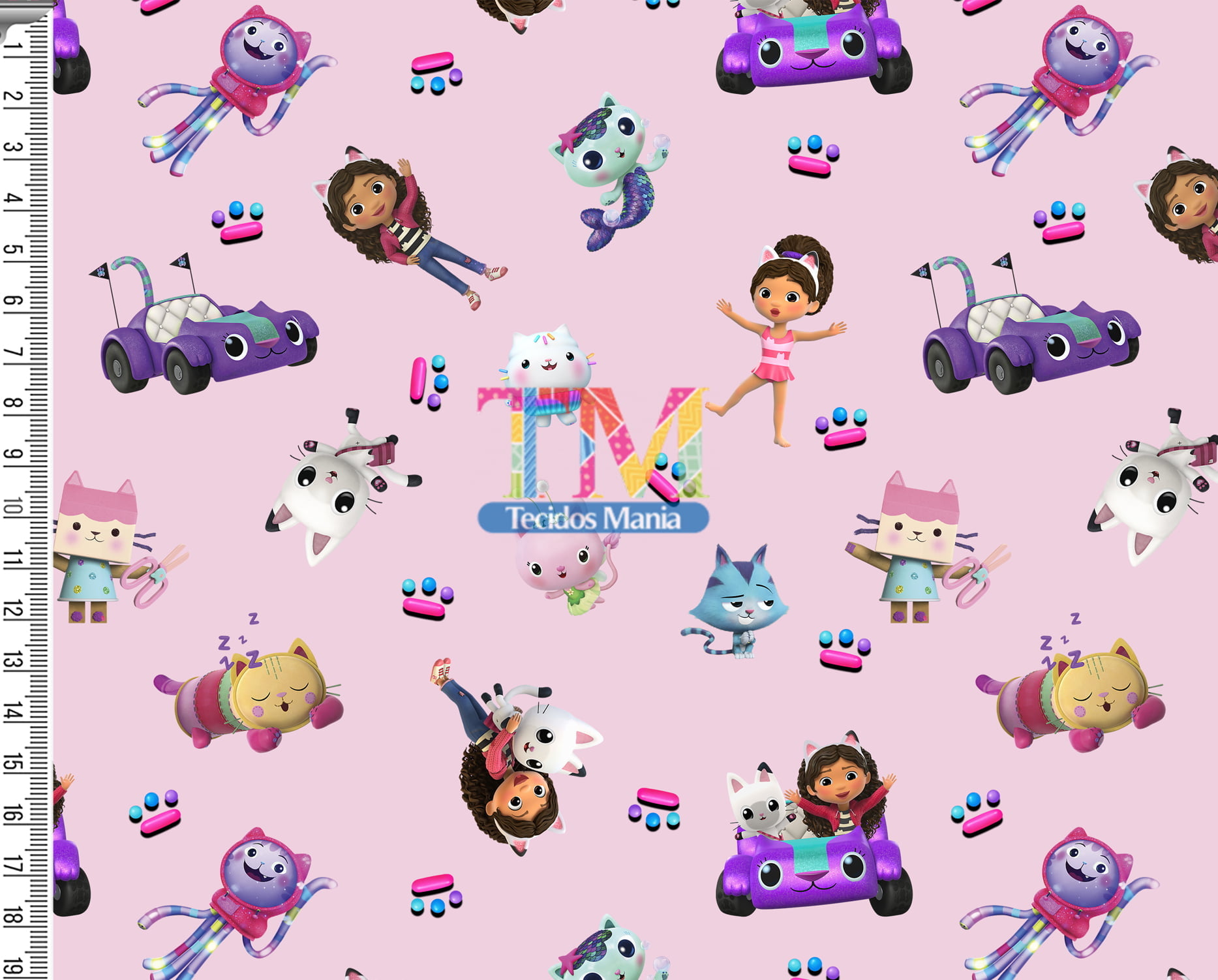 Tecido Oxford Estampa Digital - A Casa Magica de Gabby - Fundo Rosa