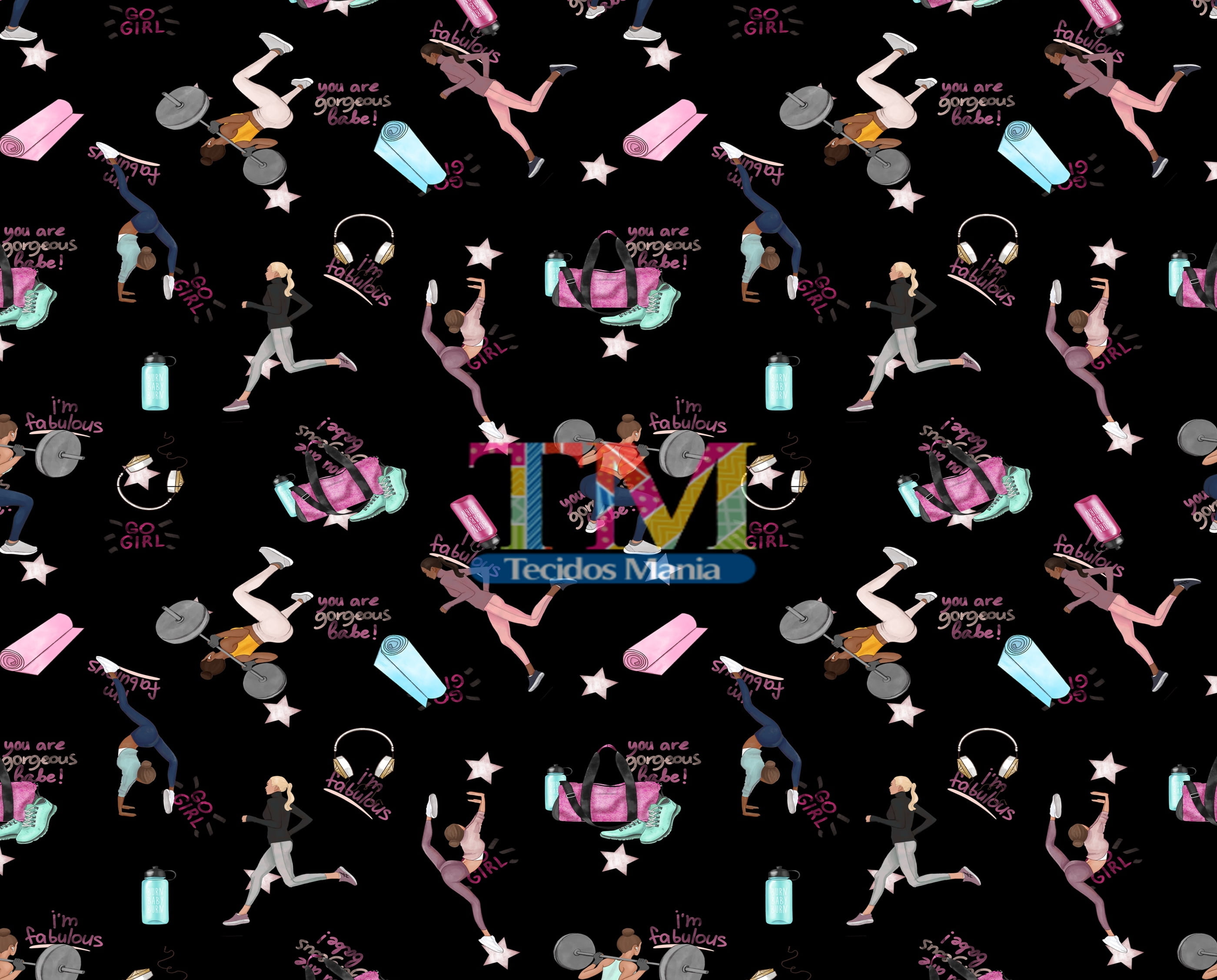Tecido Oxford Estampa Digital - Academia - Fitness - Fundo Preto