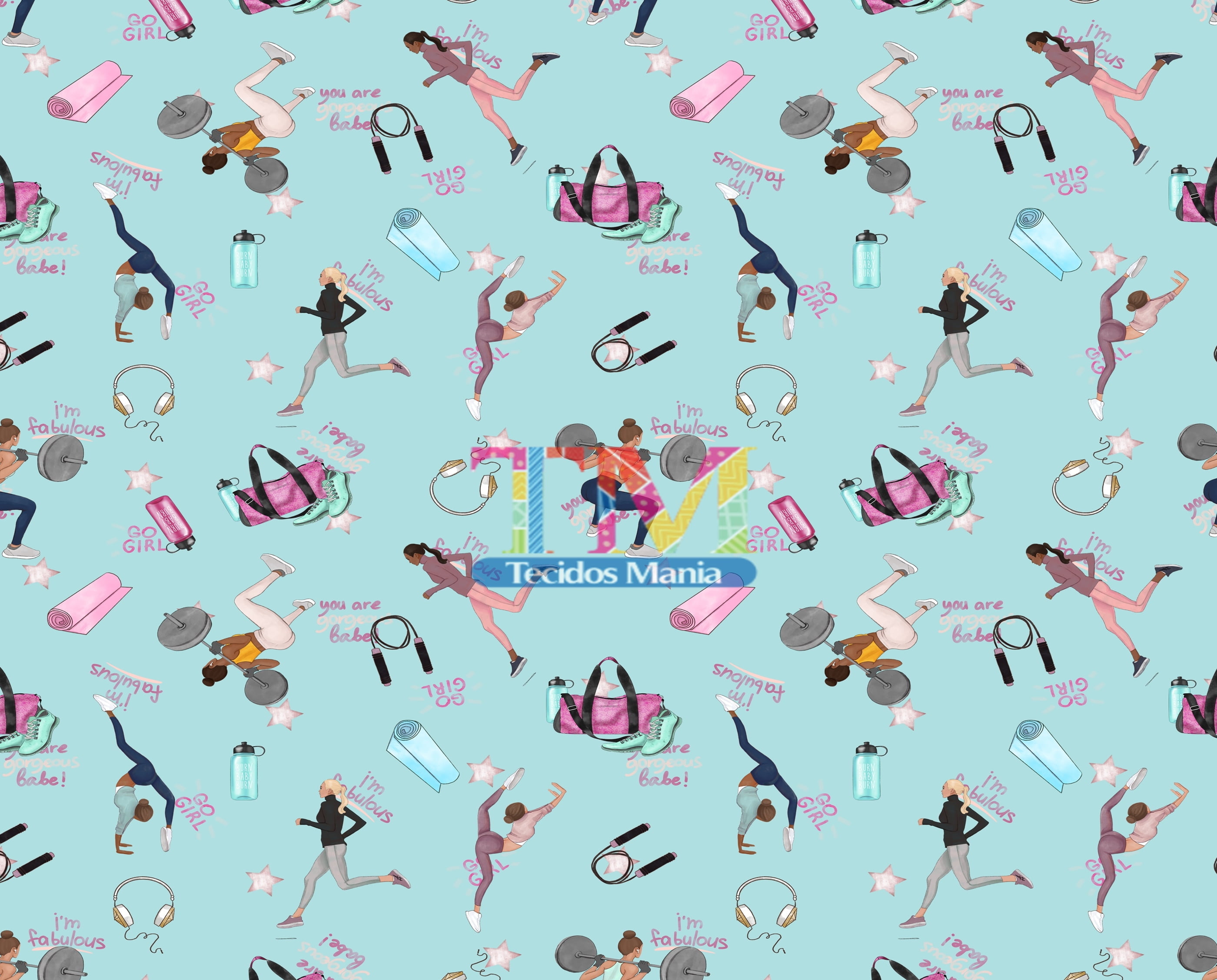 Tecido Oxford Estampa Digital - Academia - Fitness - Fundo Tiffany